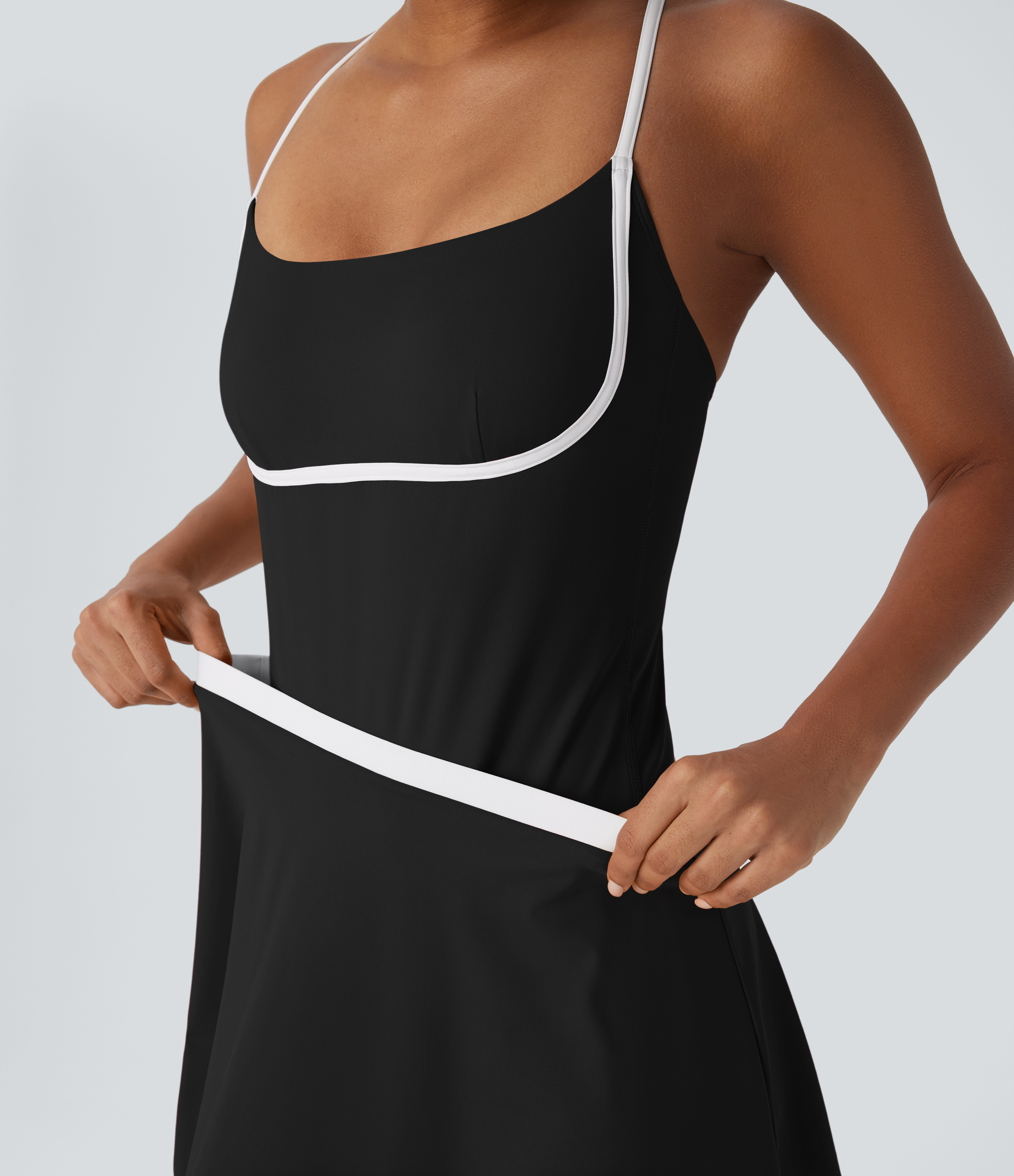 Halara Softlyzeroв„ў Airy Backless Adjustable Strap Color Block Side Pocket 2 Piece Set Cool Touch Yoga Bodysuit & Skirt Workout Dress - Black - XL 