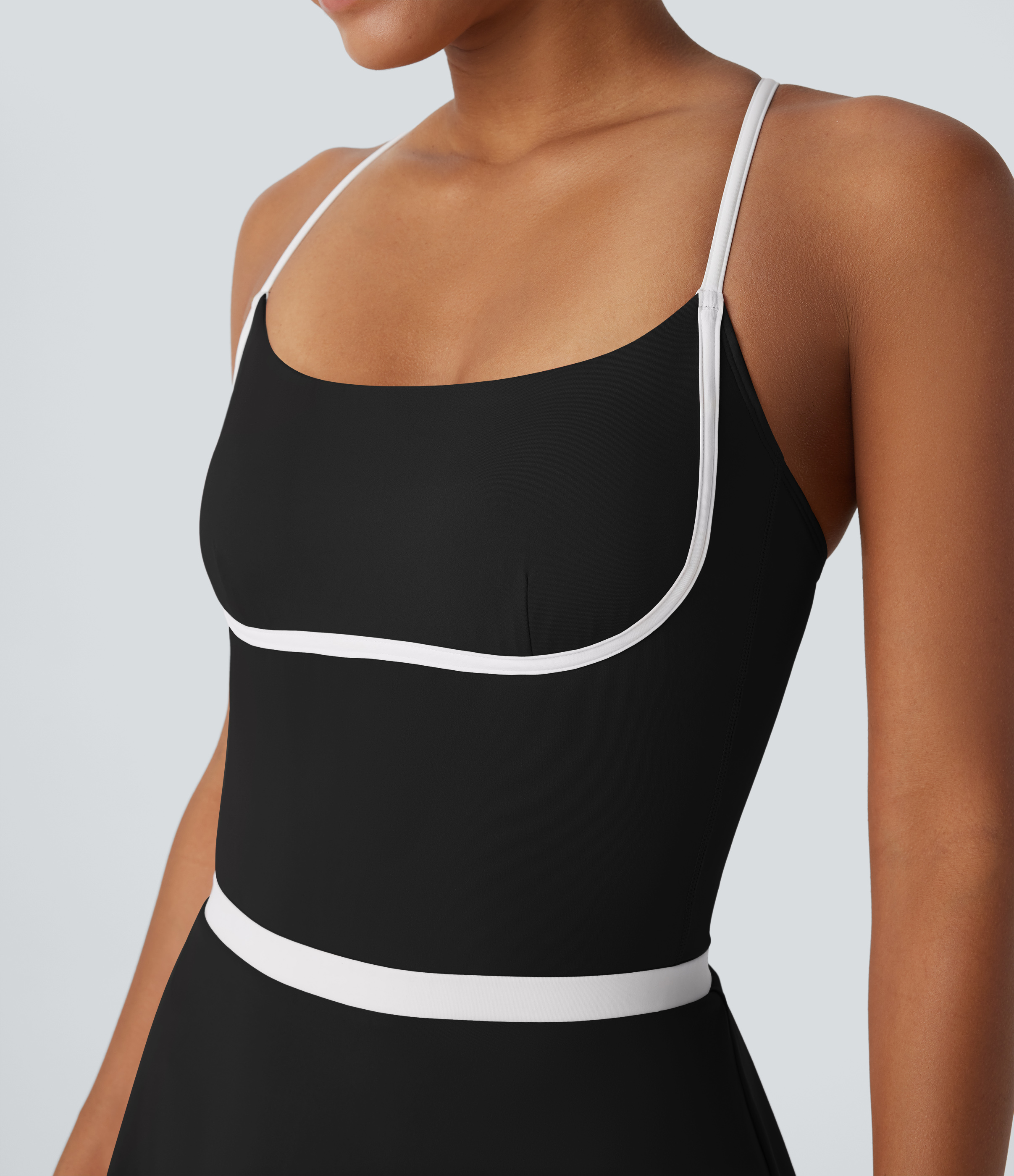 Halara Softlyzeroв„ў Airy Backless Adjustable Strap Color Block Side Pocket 2 Piece Set Cool Touch Yoga Bodysuit & Skirt Workout Dress - Black - XL 