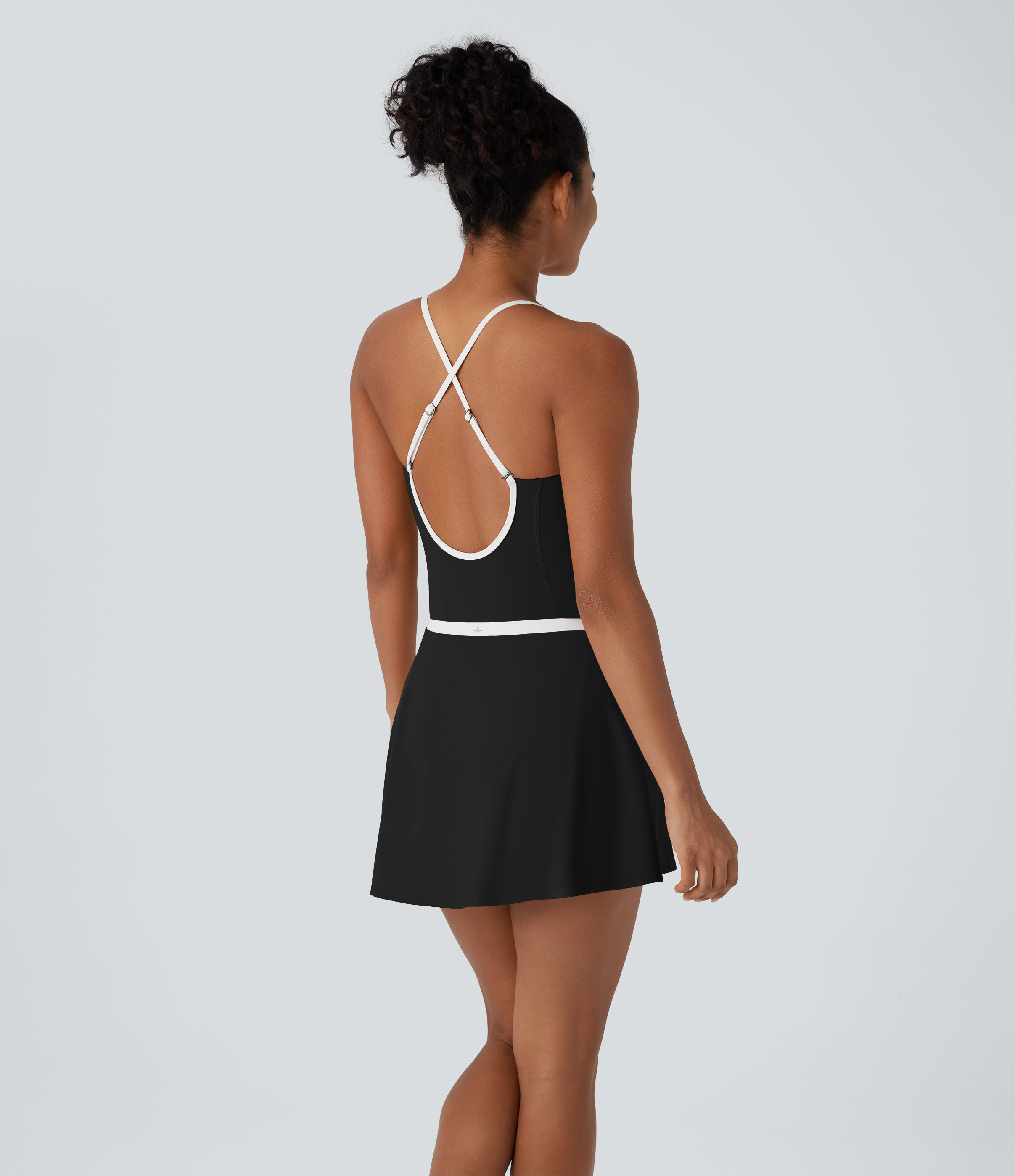 Halara Softlyzeroв„ў Airy Backless Adjustable Strap Color Block Side Pocket 2 Piece Set Cool Touch Yoga Bodysuit & Skirt Workout Dress - Black - XL 