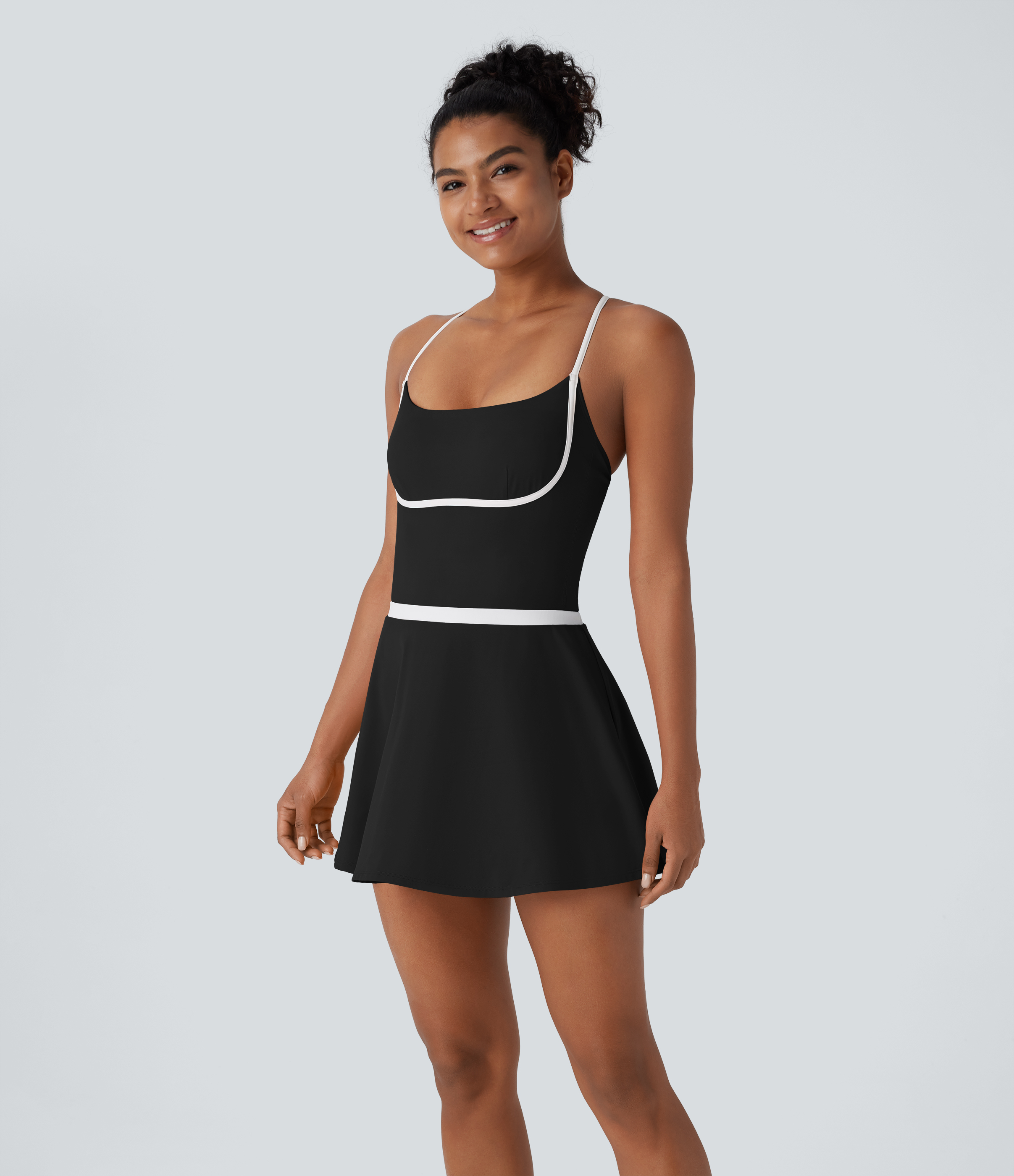 Halara Softlyzeroв„ў Airy Backless Adjustable Strap Color Block Side Pocket 2 Piece Set Cool Touch Yoga Bodysuit & Skirt Workout Dress - Black - XL 