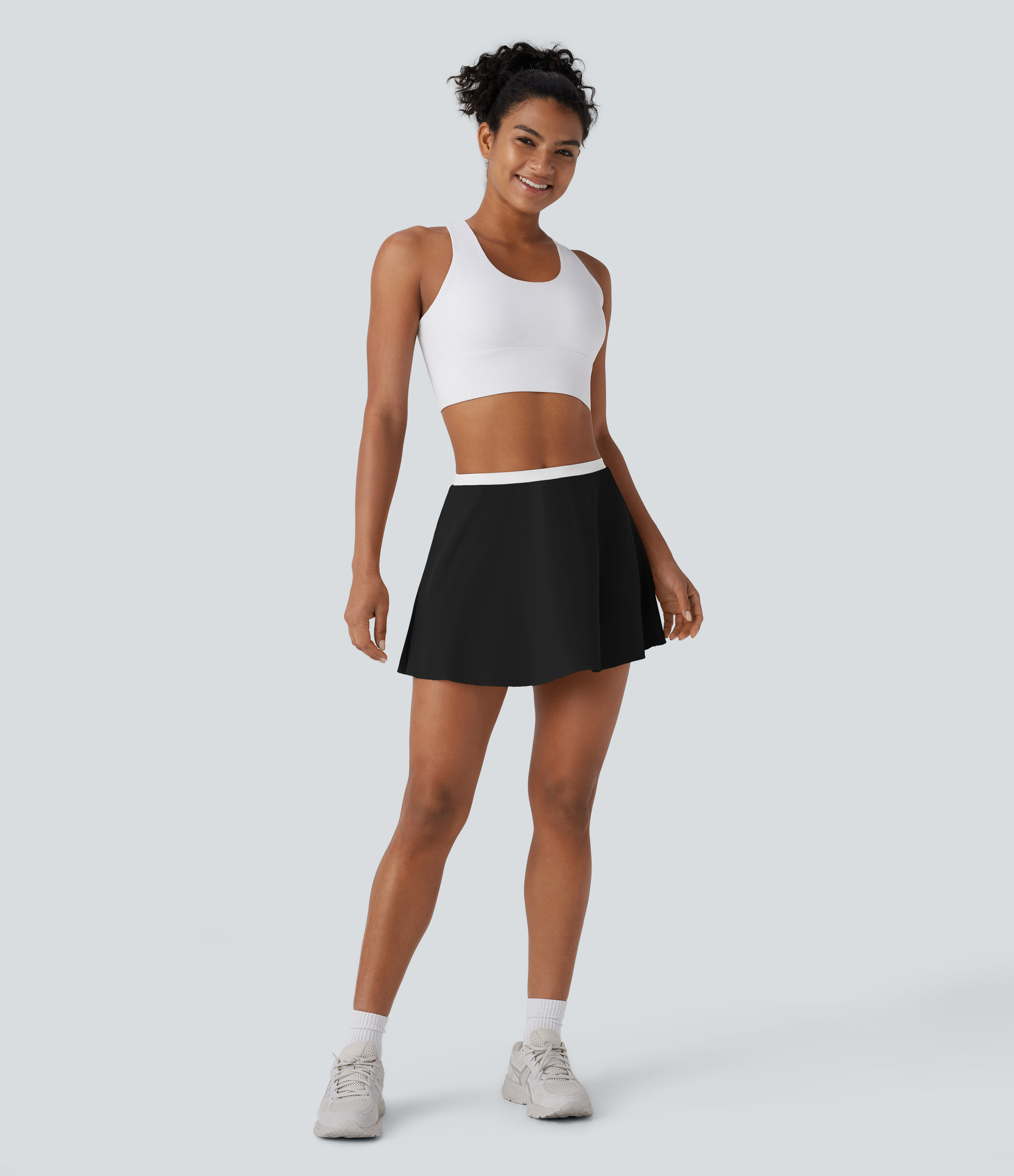 Halara Softlyzeroв„ў Airy Backless Adjustable Strap Color Block Side Pocket 2 Piece Set Cool Touch Yoga Bodysuit & Skirt Workout Dress - Black - XL 