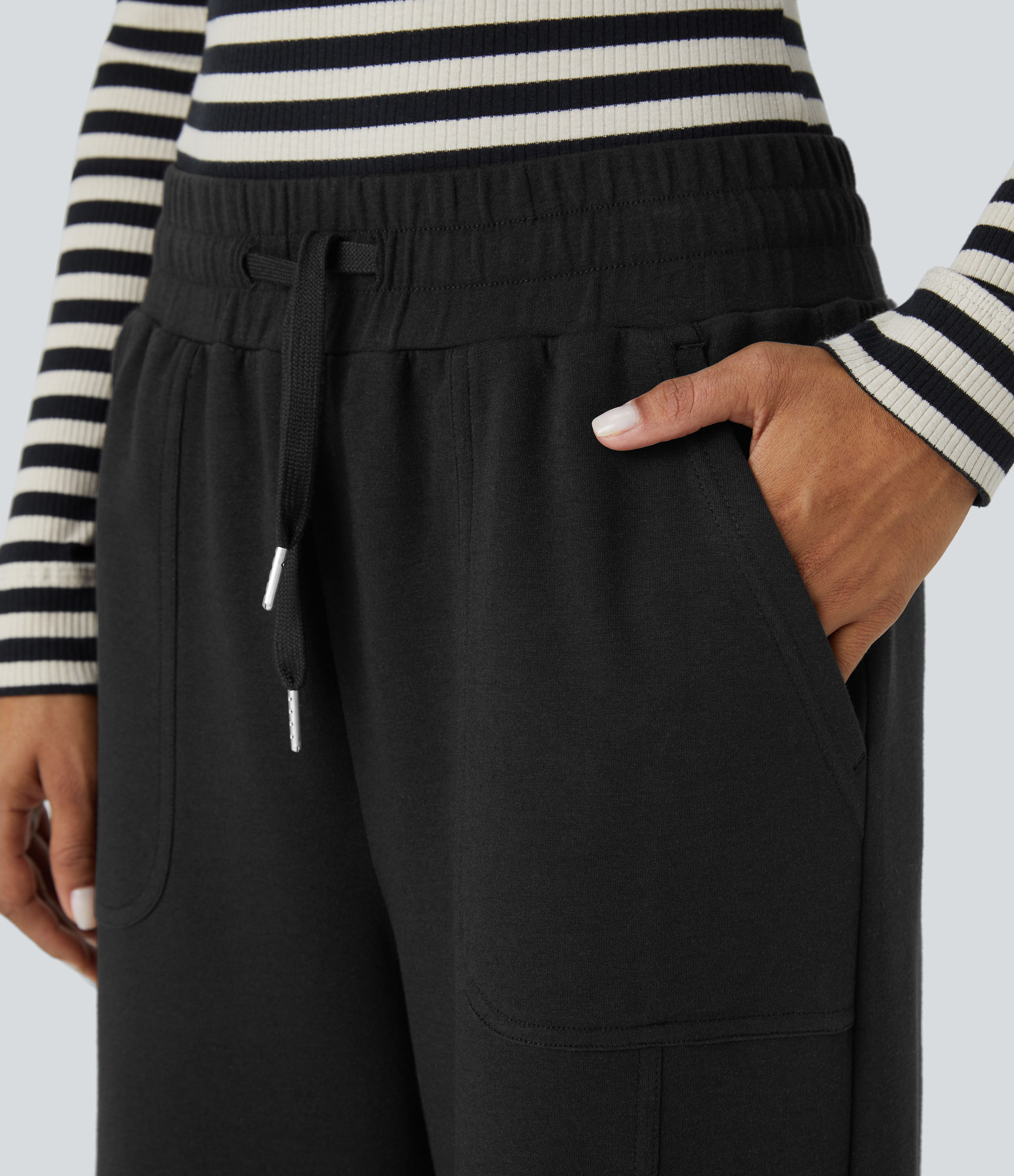 Halara Mid Rise Drawstring Side Pocket Straight Leg Casual Pants  - Black - S(regular) sweatpants jogger pants stacked sweatpants 