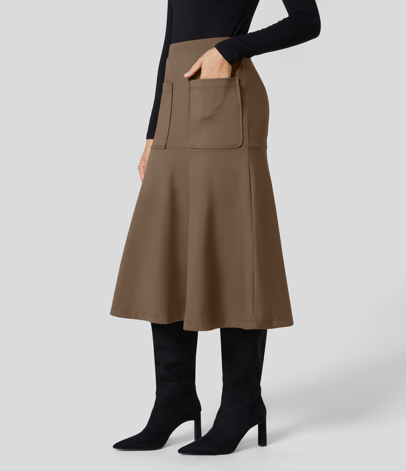 

Halara Softlyzeroв„ў Eco High Waisted Pocket Midi Flare Work Fishtail Skirt - Reddish Brown