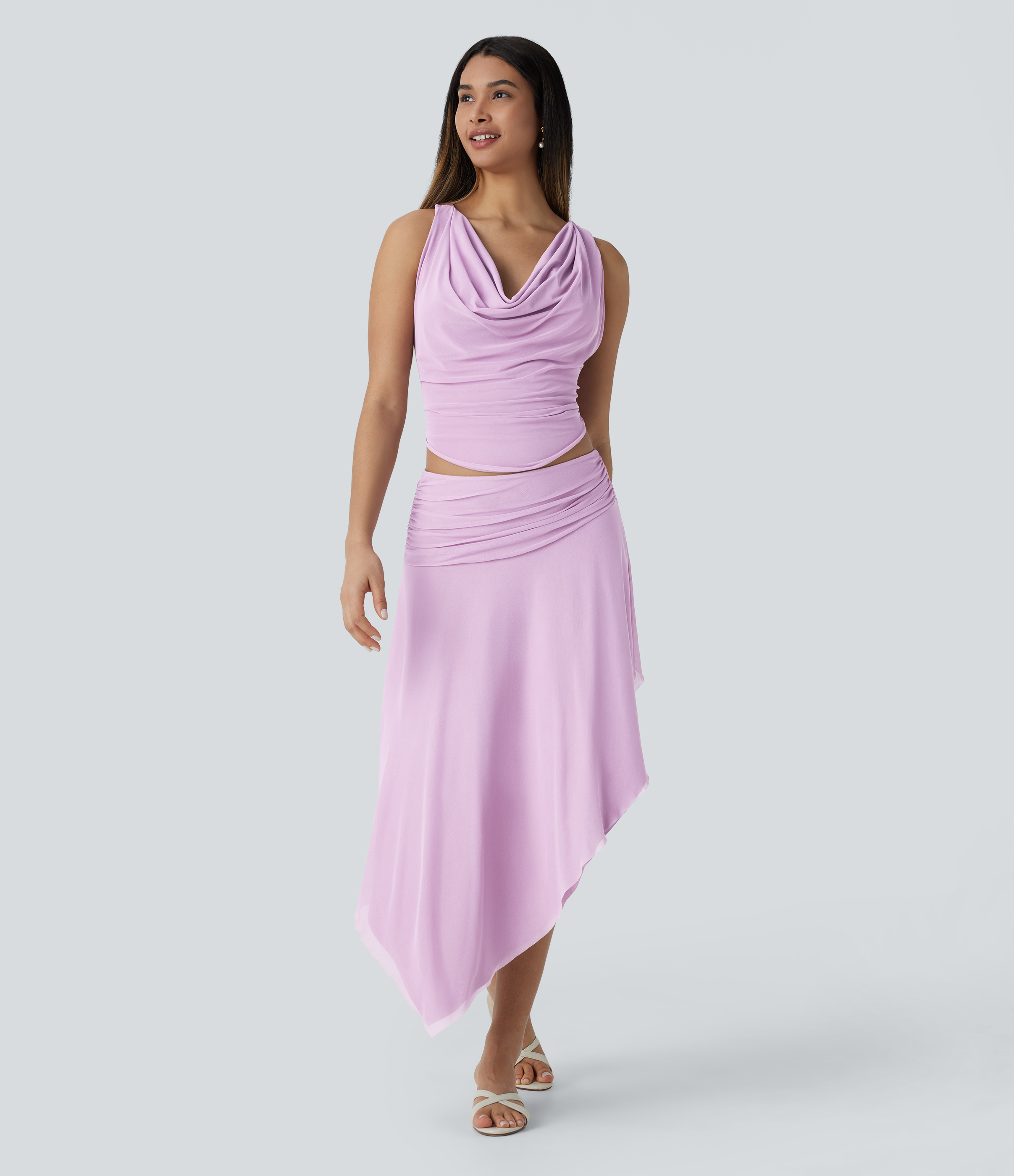 Halara Cowl Neck Ruched Backless Twisted Cropped Resort Top Tank Top - Zephyr - XS golf tops halter top tunic tops sleeveless tops 