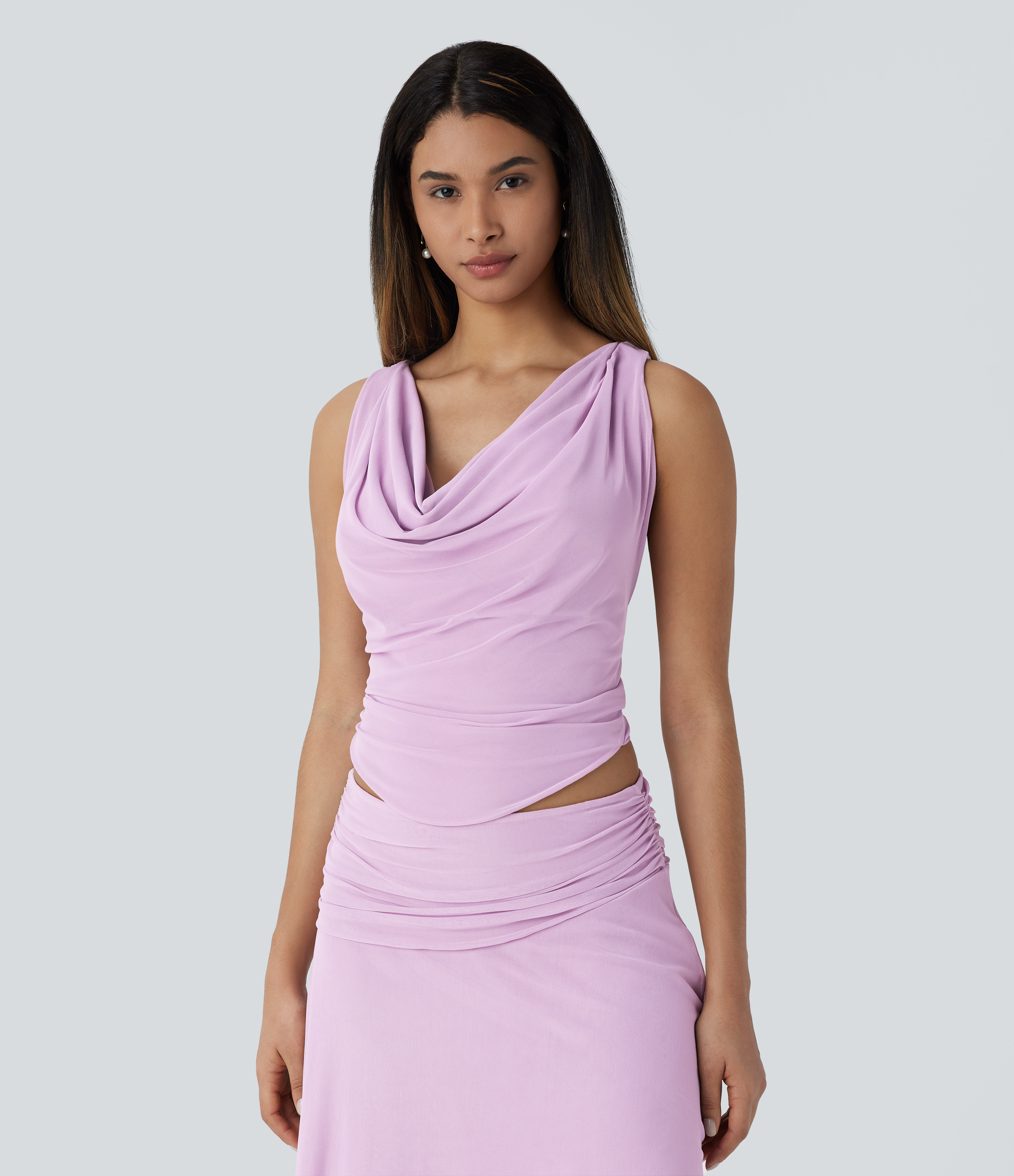 Halara Cowl Neck Ruched Backless Twisted Cropped Resort Top Tank Top - Zephyr - XS golf tops halter top tunic tops sleeveless tops 