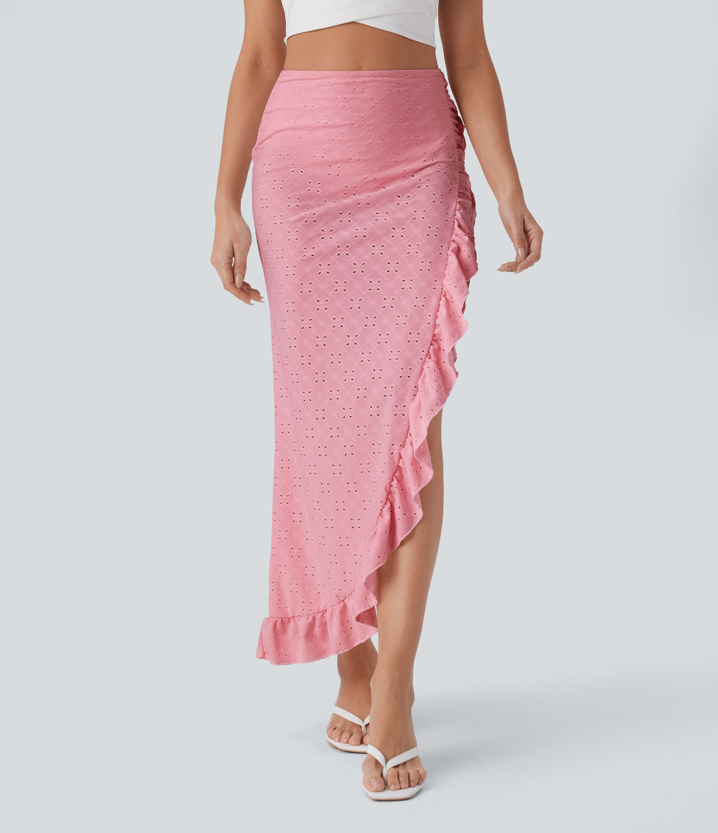 Halara High Waisted 2-in-1 Ruffle Split Eyelet Embroidery Maxi Resort Skirt  - Peach Beige - XL(regular) 