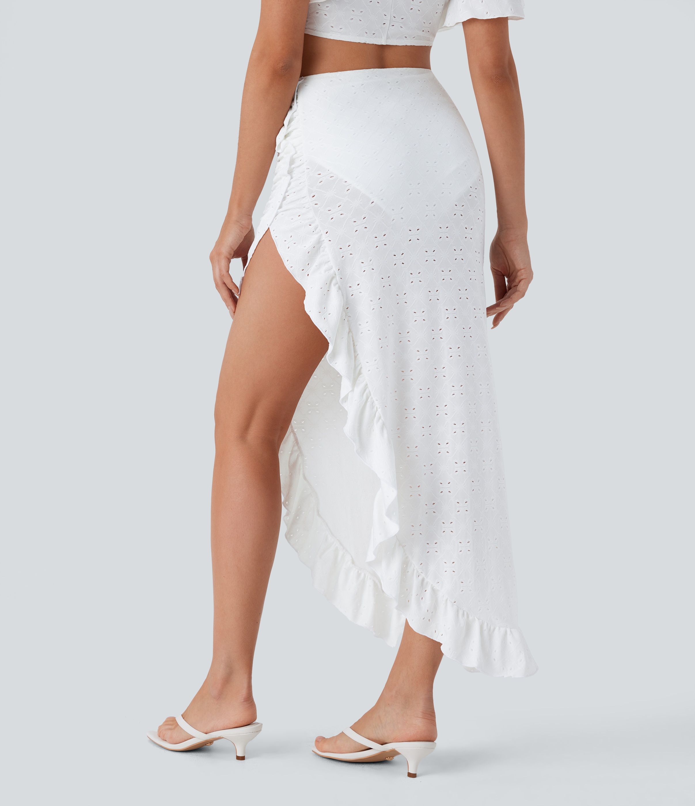Halara High Waisted 2-in-1 Ruffle Split Eyelet Embroidery Maxi Resort Skirt  - White - M(regular) 