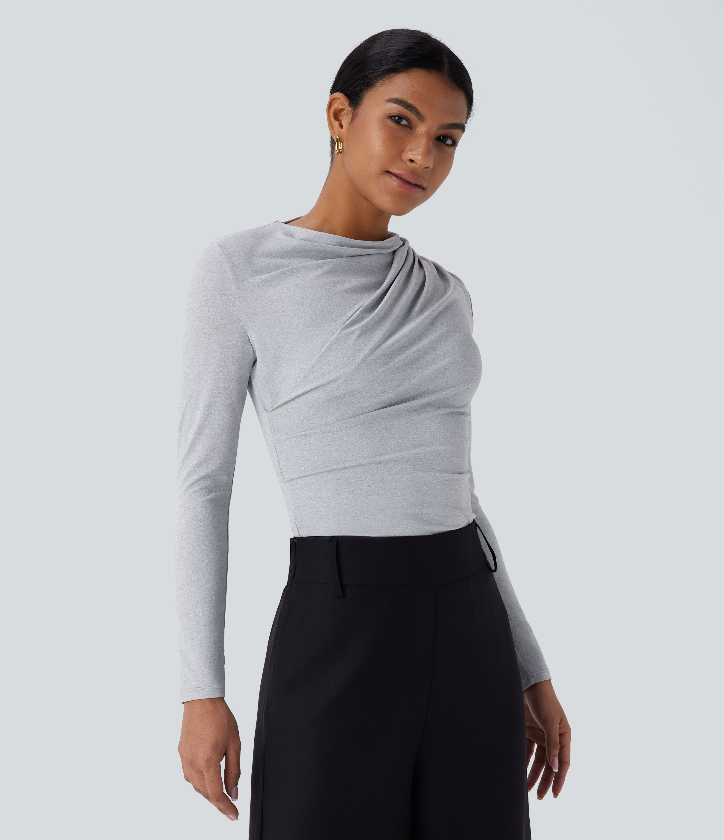 Halara Cowl Neck Ruched Long Sleeve Slim Work Top Tank Top - Mottled Grey - XS golf tops halter top tunic tops sleeveless tops backless top 