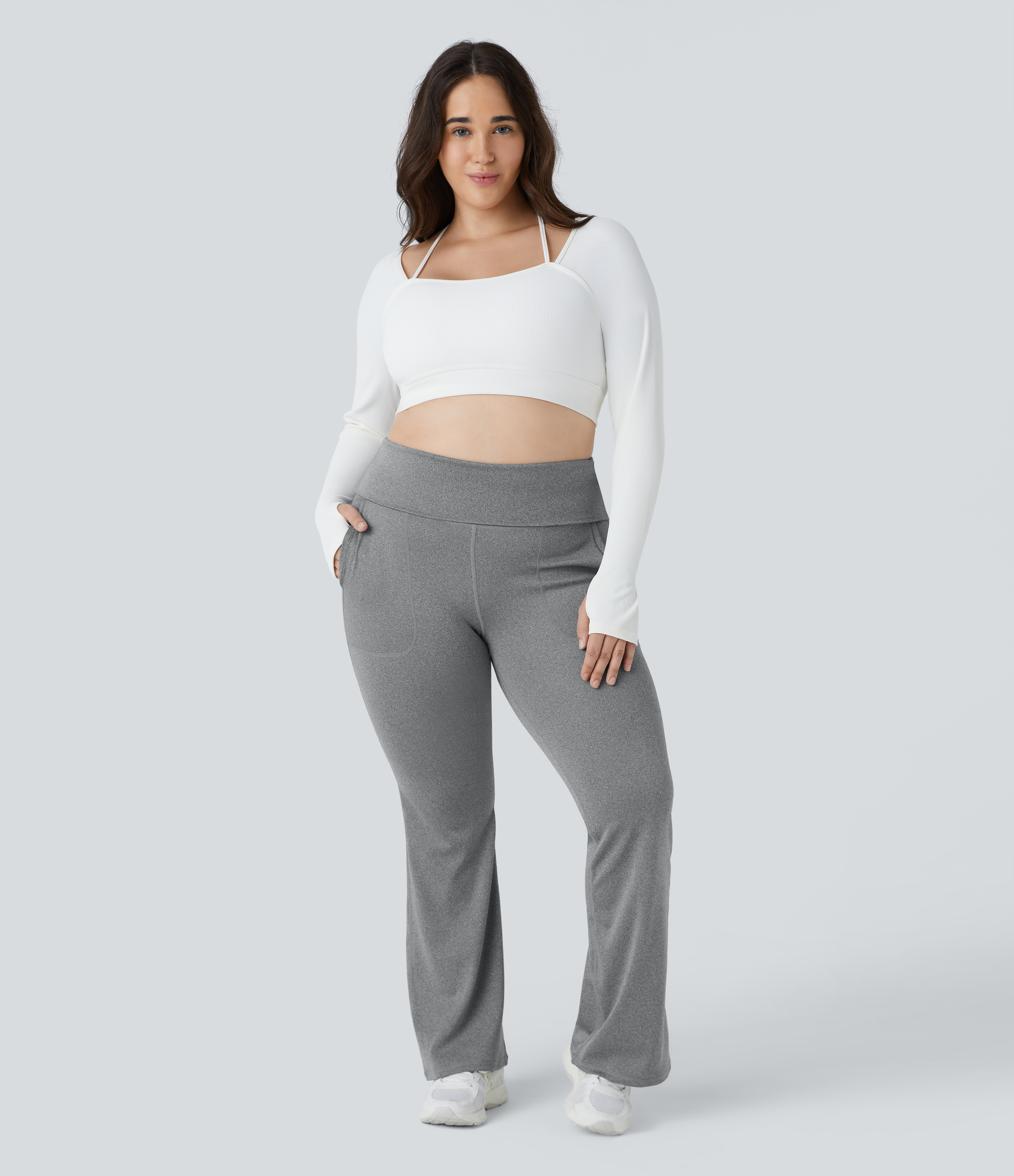 Halara Super High Waisted Foldover Pocket Full Length Flare Plus Size Leggings  - Mottled Light Grey - 1X 