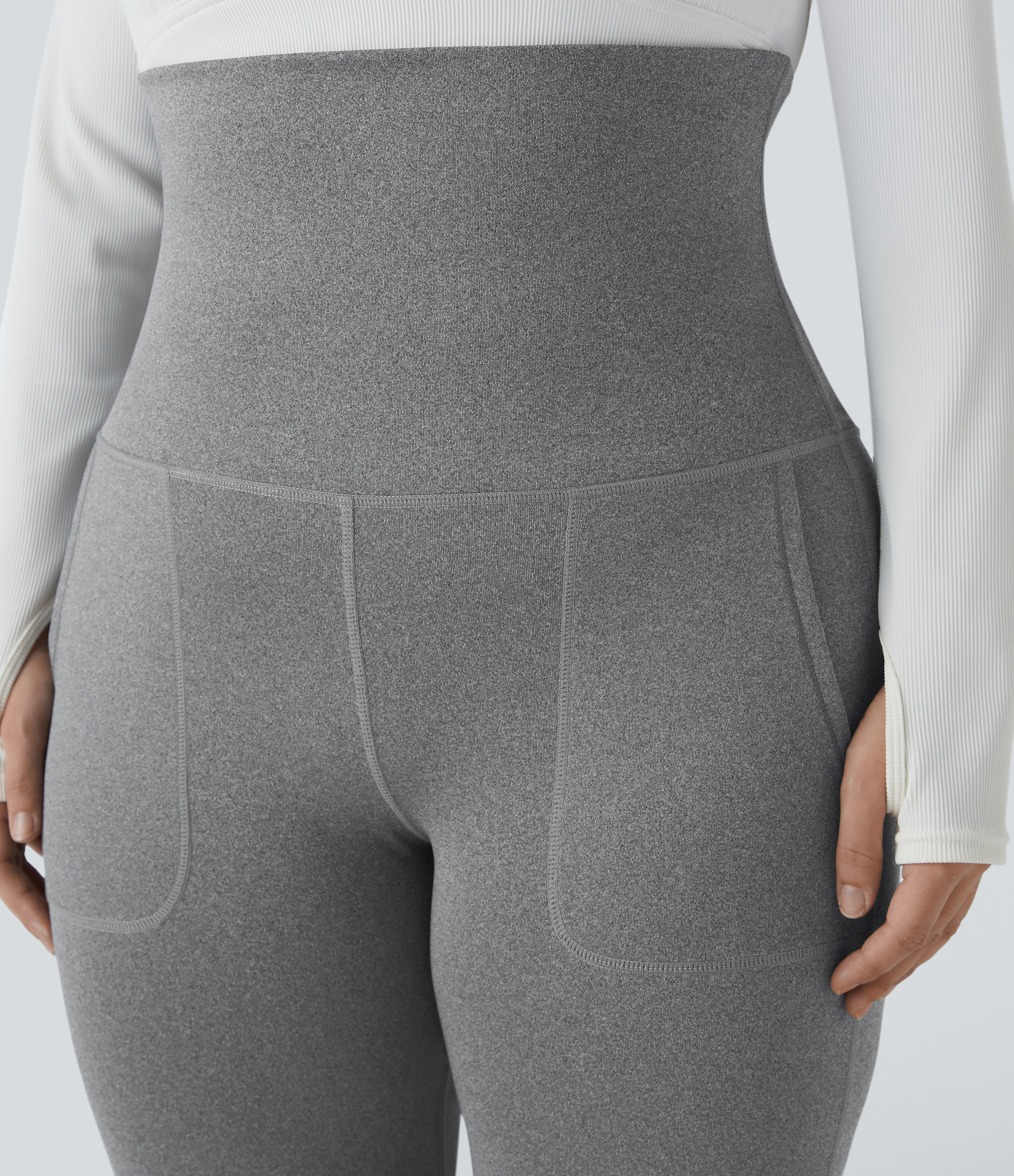 Halara Super High Waisted Foldover Pocket Full Length Flare Plus Size Leggings  - Mottled Light Grey - 1X 