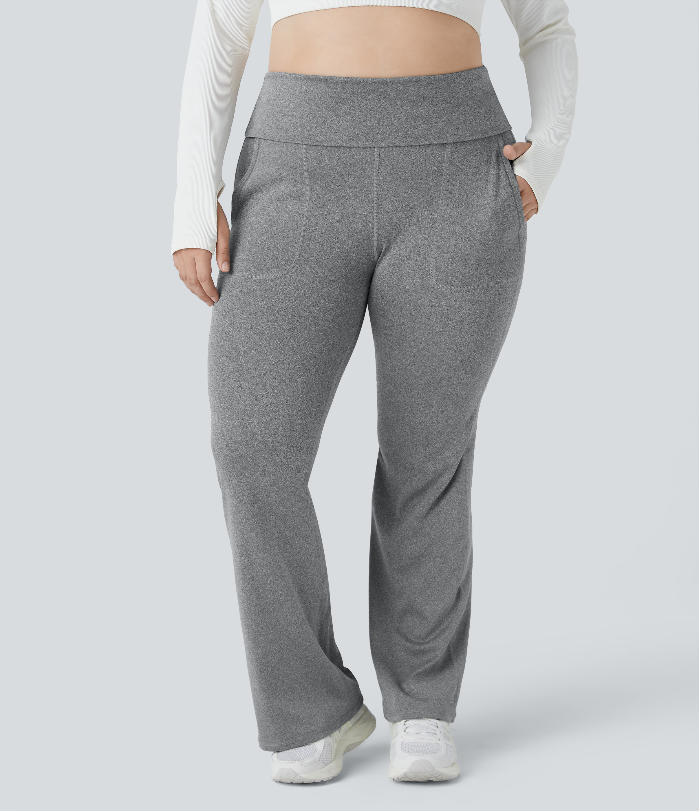 Halara Super High Waisted Foldover Pocket Full Length Flare Plus Size Leggings  - Mottled Light Grey - 1X 