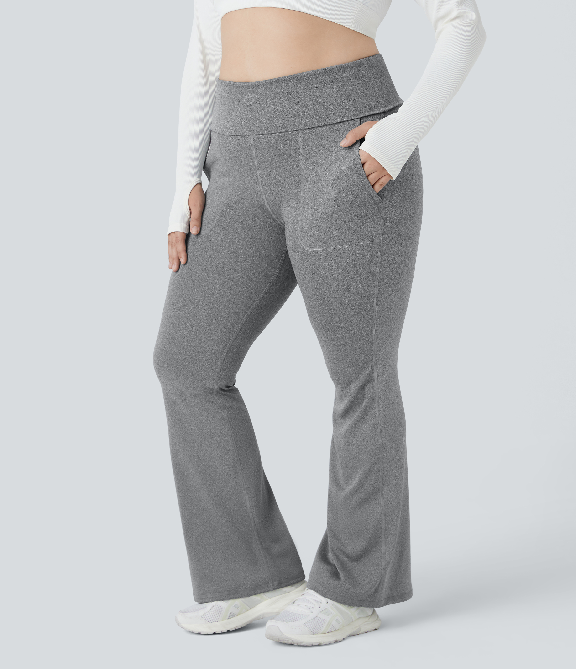 Halara Super High Waisted Foldover Pocket Full Length Flare Plus Size Leggings  - Mottled Light Grey - 1X 