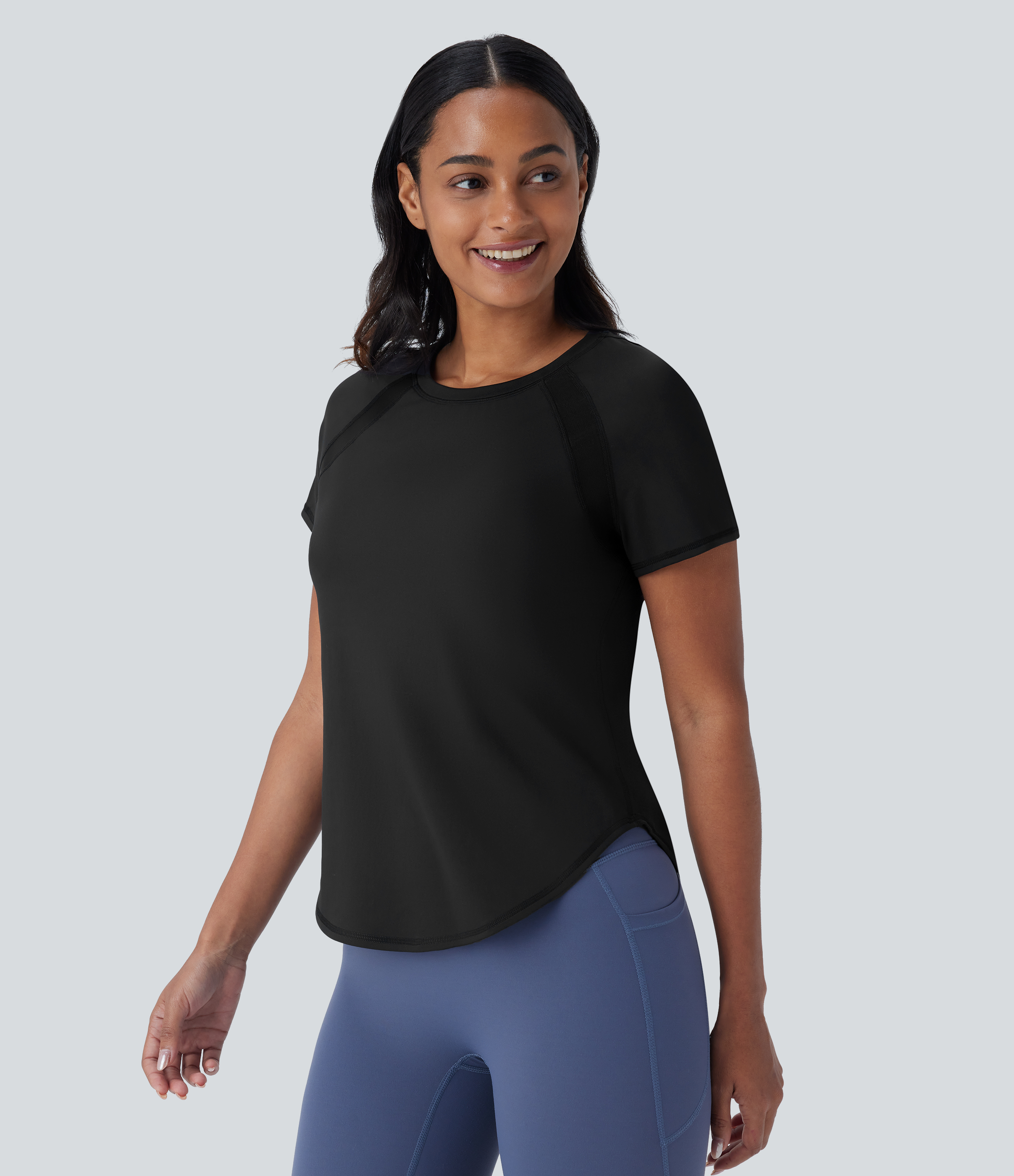 Halara Softlyzeroв„ў QuickDry Round Neck Short Sleeve Contrast Mesh Curved Hem Quick Dry Running Sports Top  - Black - XS 