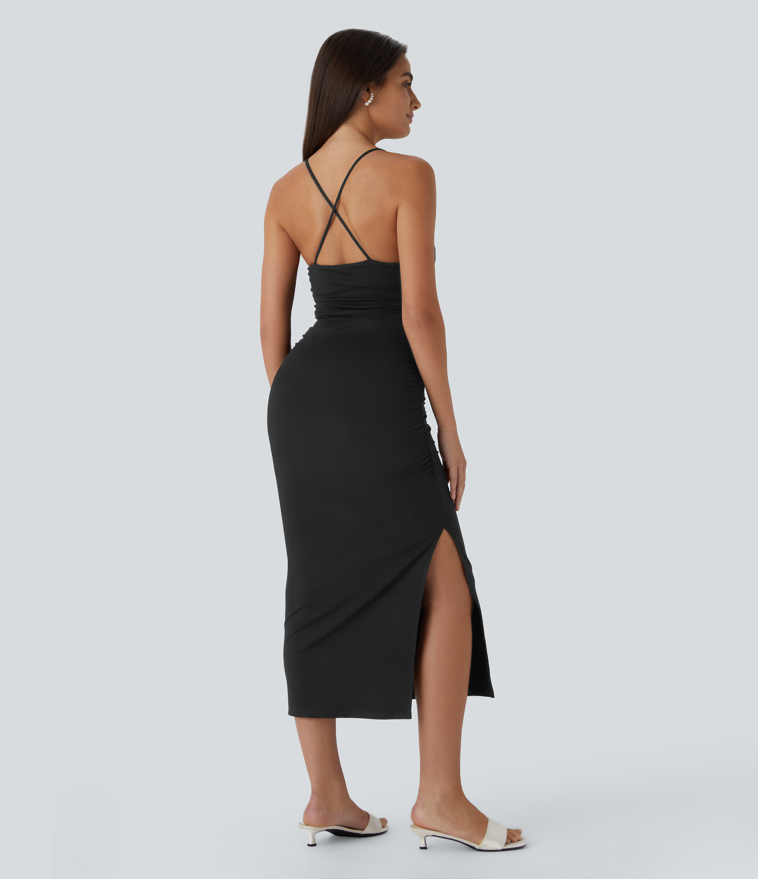 Halara Crisscross Backless Cowl Neck Ruched Split Bodycon Midi Party Built-in Mesh Shapewear Dress Casual Dress - Black - S slip dress 