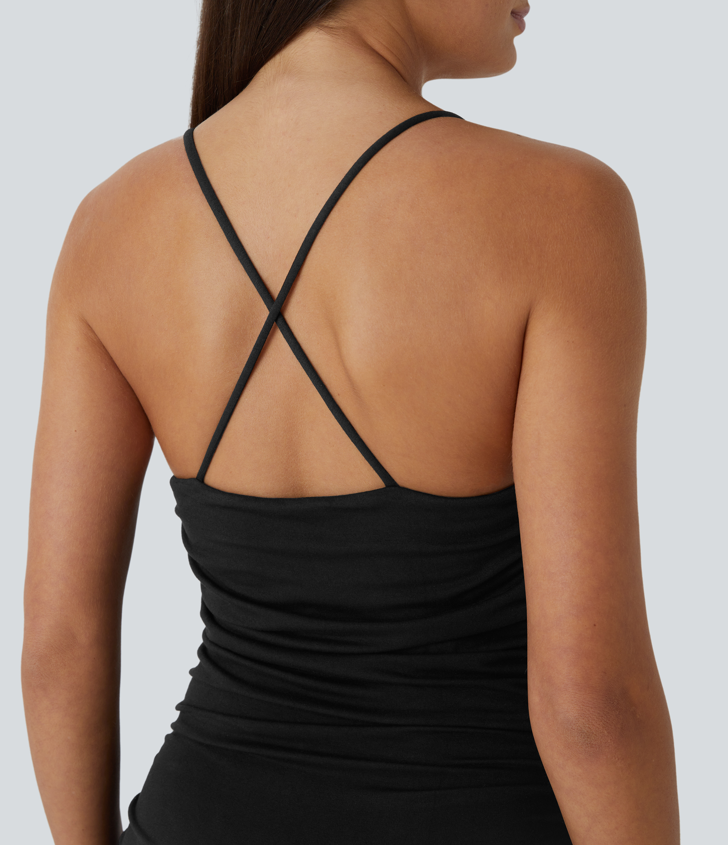 Halara Crisscross Backless Cowl Neck Ruched Split Bodycon Midi Party Built-in Mesh Shapewear Dress Casual Dress - Black - S slip dress 