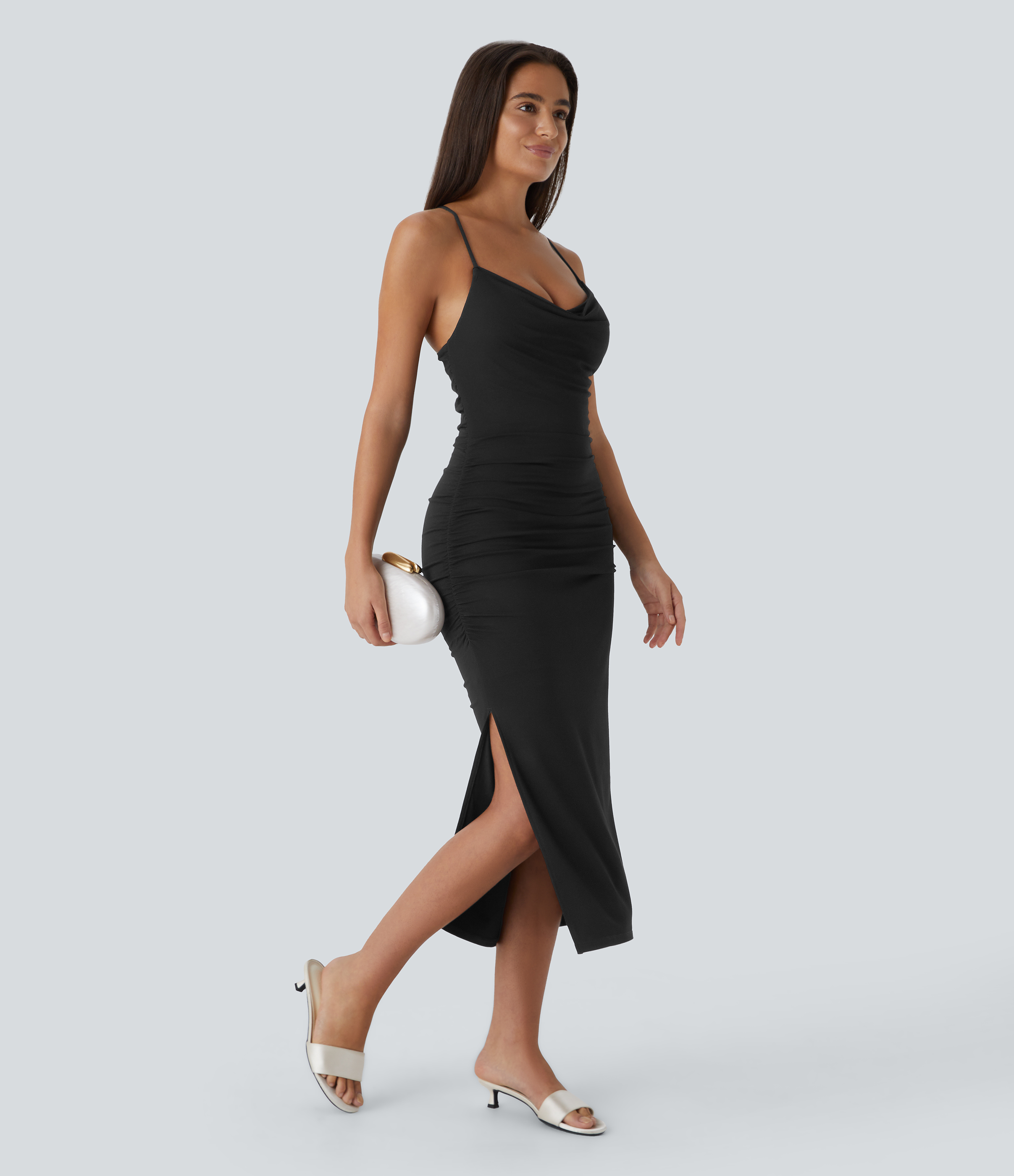 Halara Crisscross Backless Cowl Neck Ruched Split Bodycon Midi Party Built-in Mesh Shapewear Dress Casual Dress - Black - S slip dress 