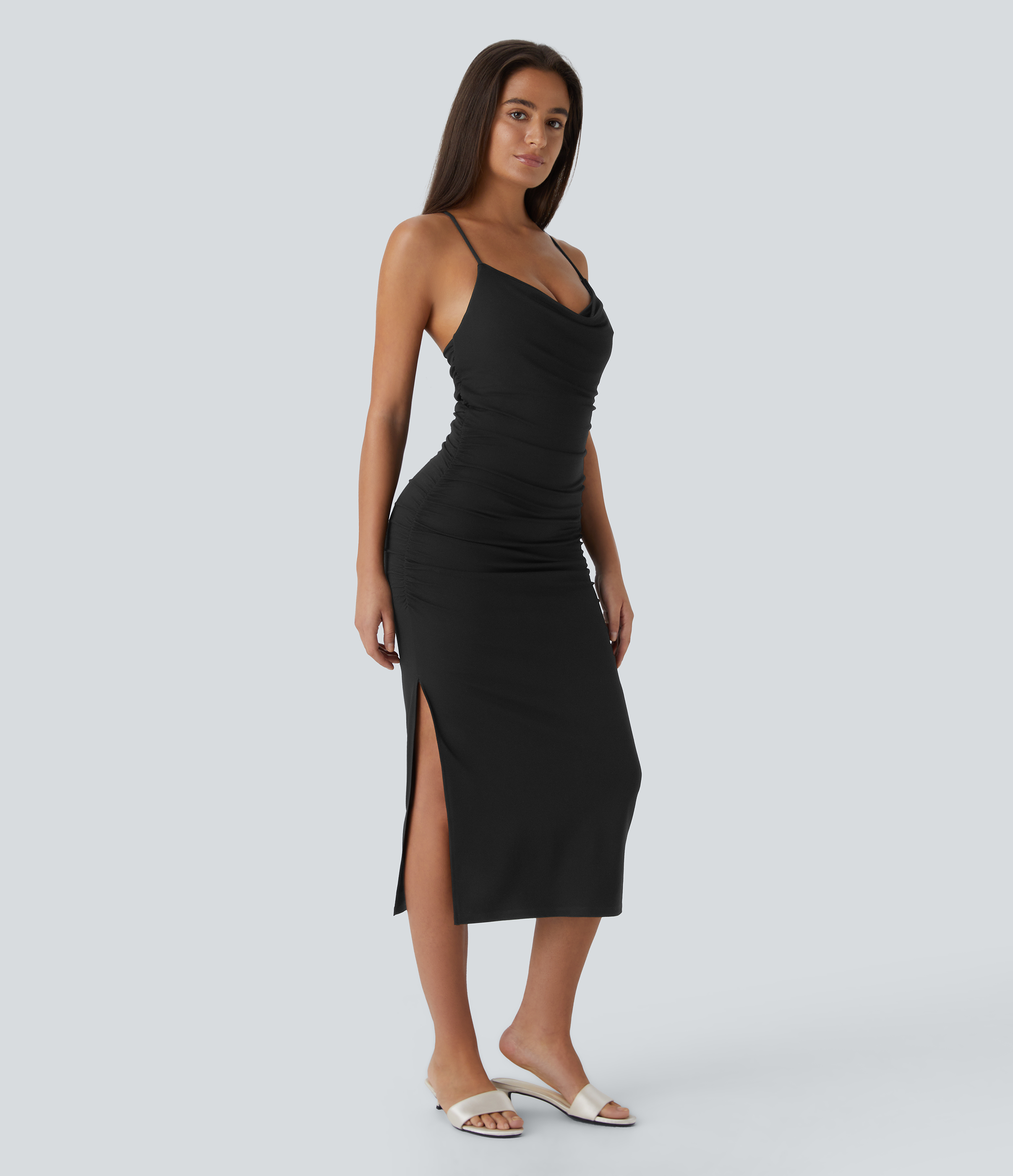 Halara Crisscross Backless Cowl Neck Ruched Split Bodycon Midi Party Built-in Mesh Shapewear Dress Casual Dress - Black - S slip dress 
