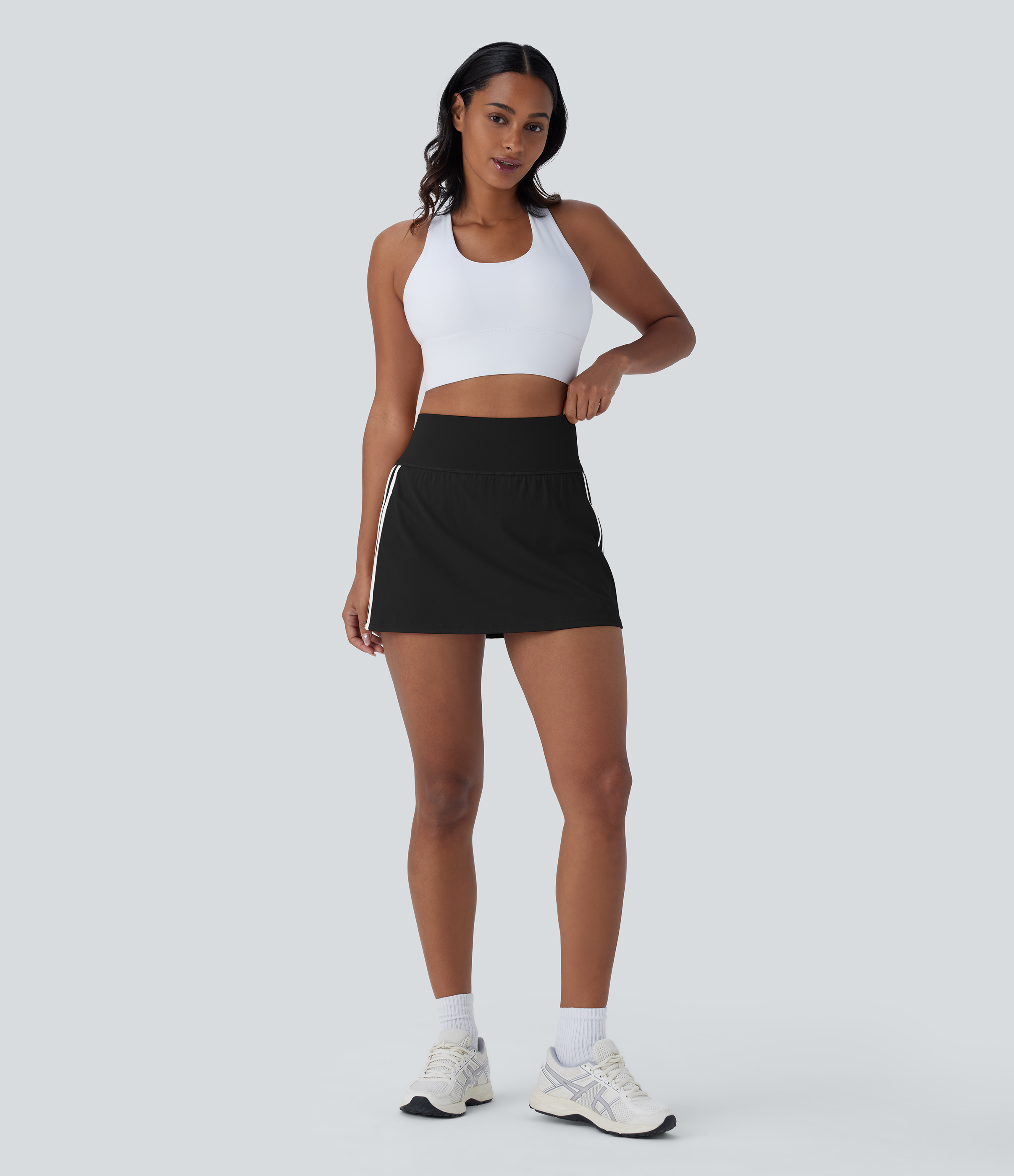 Halara Softlyzeroв„ў QuickDry SoCinched High Waisted Tummy Control 2-in-1 Side Pocket Color Block Mini Quick Dry Pickleball Skirt  - Black - XL(regular) 
