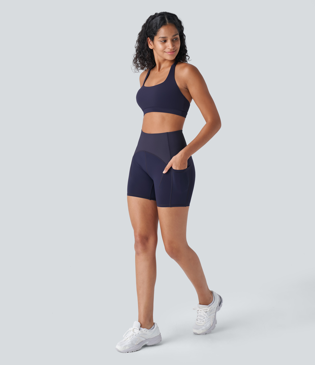 Halara SpeedWaveв„ў High Waisted Side Pockets Contrast Ribbed Quick Dry Workout Biker Shorts 5`` Gym Short - Inkling - XL booty shorts 