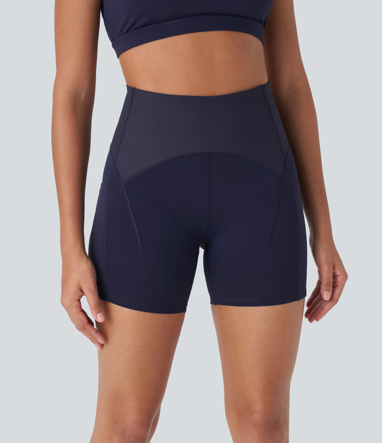 Halara SpeedWaveв„ў High Waisted Side Pockets Contrast Ribbed Quick Dry Workout Biker Shorts 5`` Gym Short - Inkling - XL booty shorts 