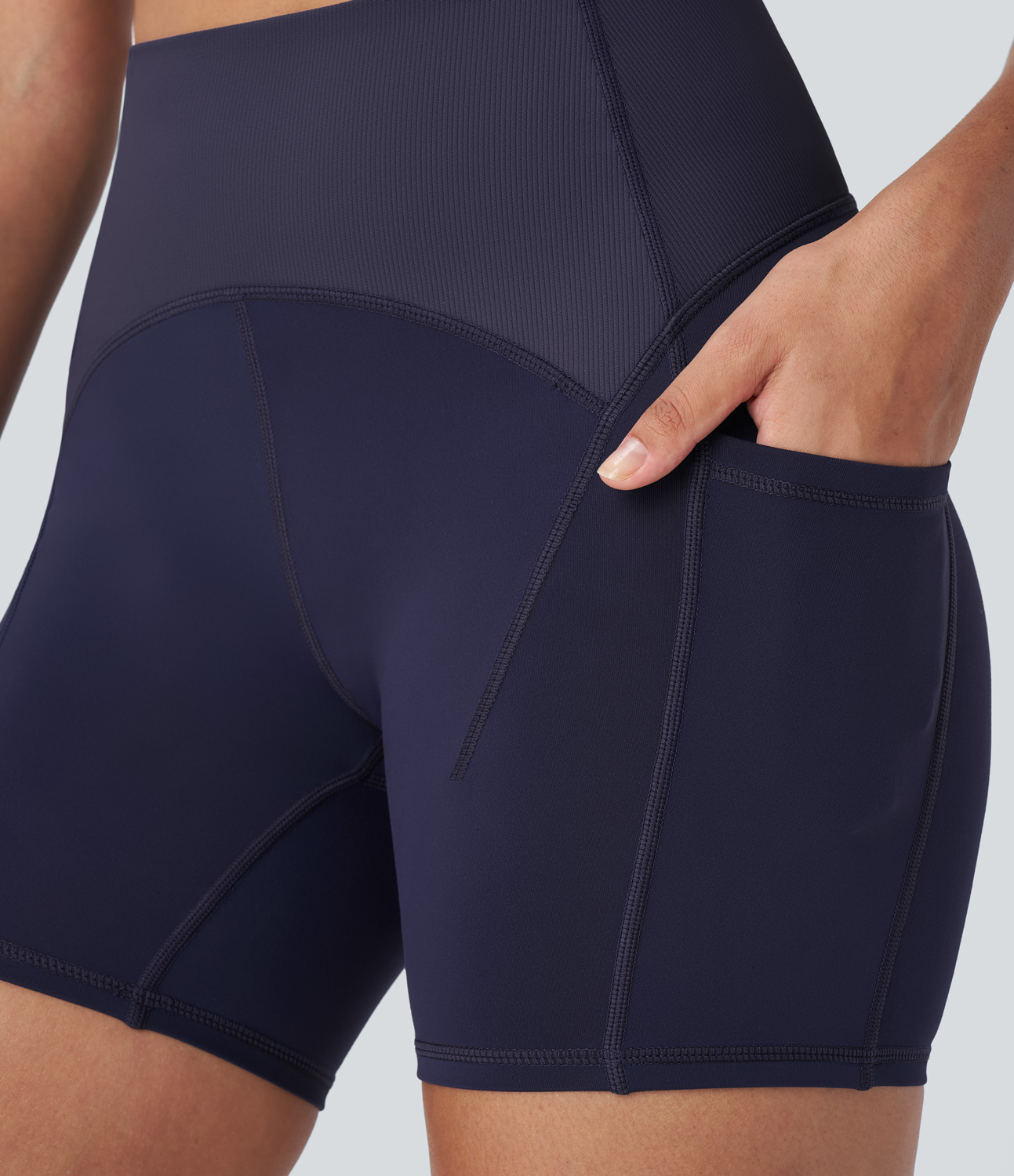 Halara SpeedWaveв„ў High Waisted Side Pockets Contrast Ribbed Quick Dry Workout Biker Shorts 5`` Gym Short - Inkling - XL booty shorts 