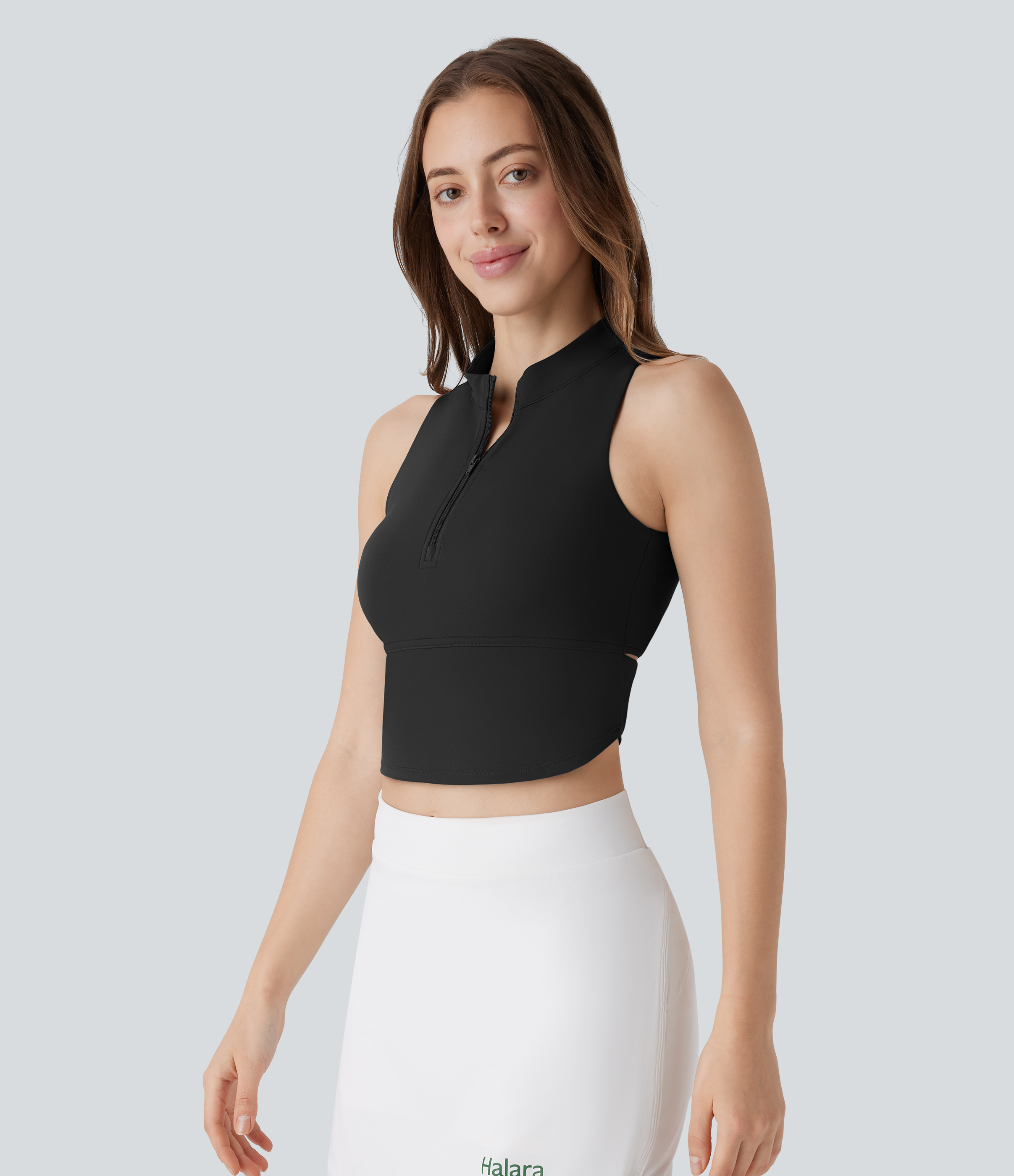 Halara Softlyzeroв„ў QuickDry Stand Collar Zipper Cut Out Curved Hem Skinny Cropped Golf Tank Top Tank Top - Black - S golf tops halter top 