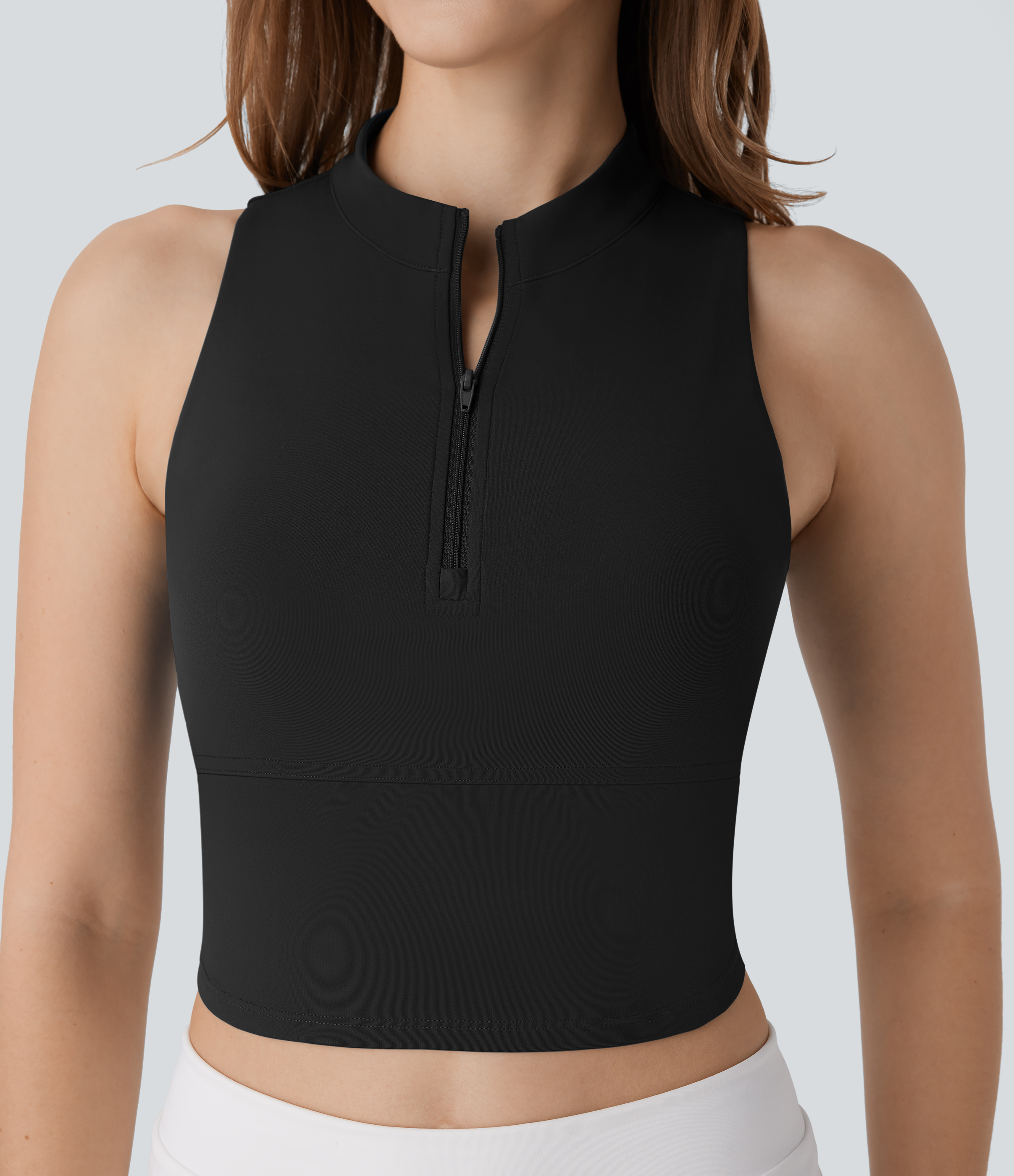 Halara Softlyzeroв„ў QuickDry Stand Collar Zipper Cut Out Curved Hem Skinny Cropped Golf Tank Top Tank Top - Black - S golf tops halter top 