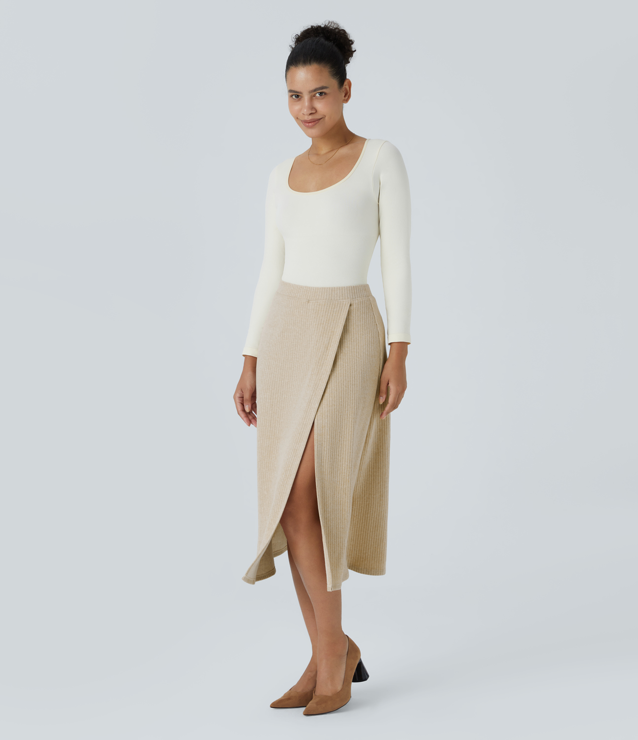 Halara Ribbed Knit High Waisted Split 2-in-1 Midi Casual Skirt  - Fog - XS(regular) 