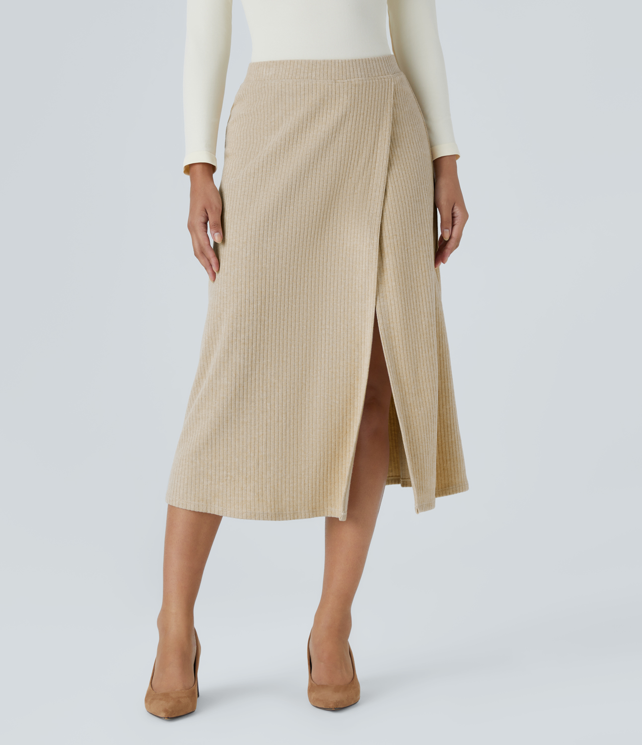 Halara Ribbed Knit High Waisted Split 2-in-1 Midi Casual Skirt  - Fog - XS(regular) 