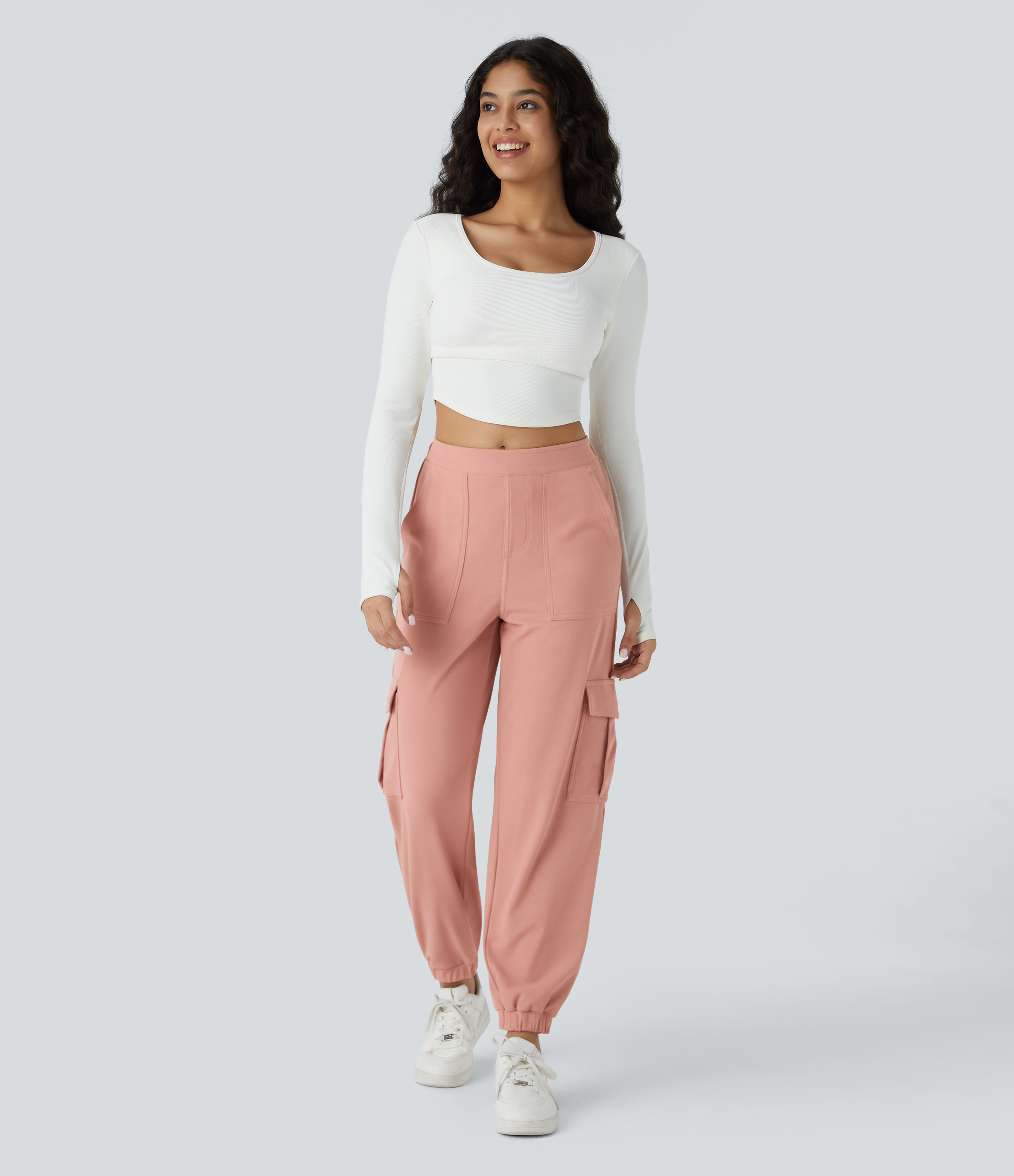 Halara Mid Rise Multiple Pockets Waffle Casual Cargo Joggers  - Rose Tan - L(regular) 
