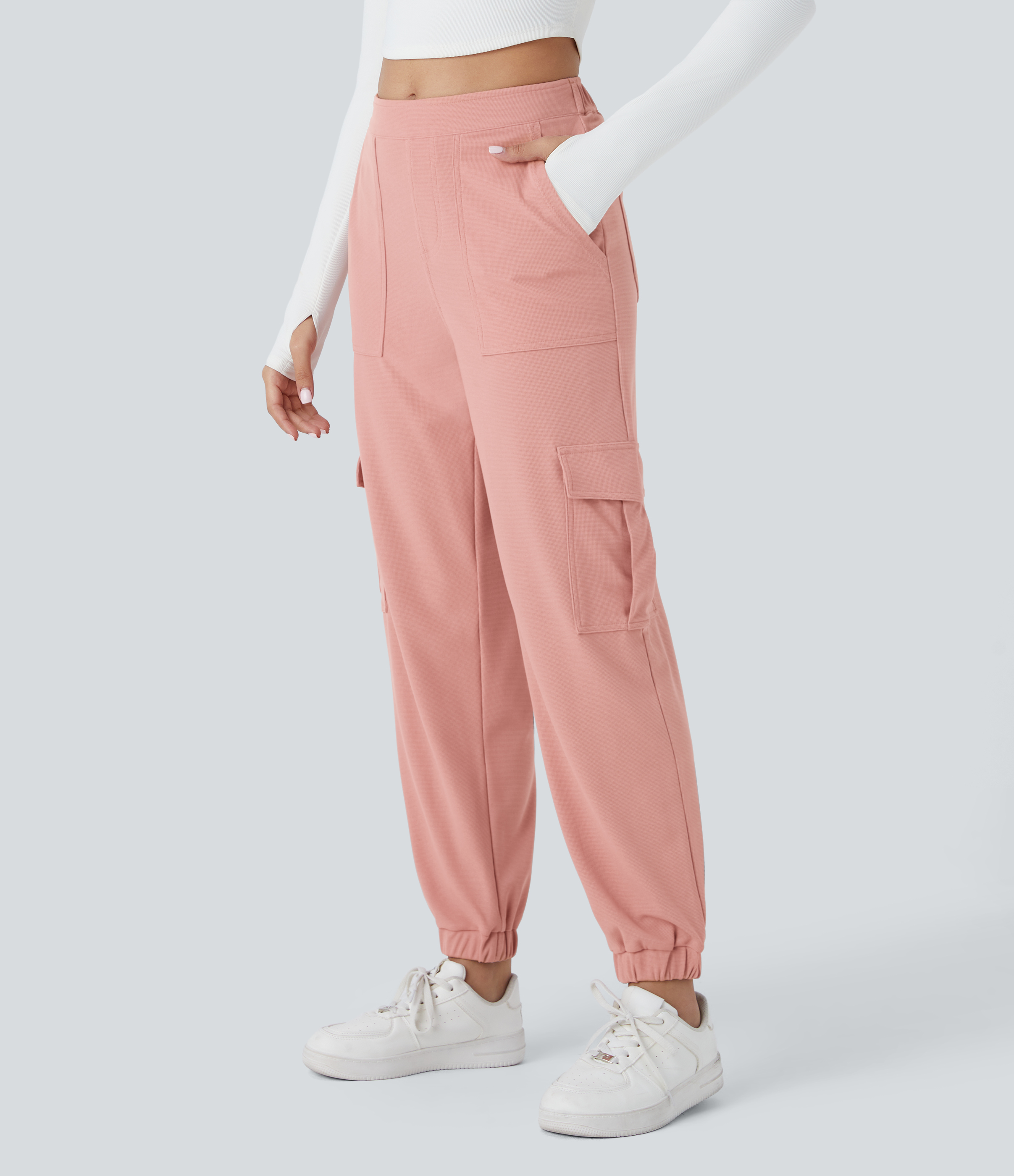 Halara Mid Rise Multiple Pockets Waffle Casual Cargo Joggers  - Rose Tan - L(regular) 