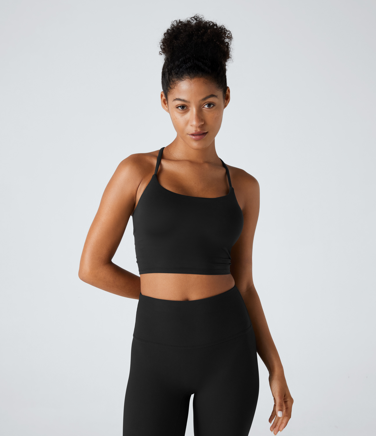Halara Backless Crisscross Ruched Skinny Yoga Cami Top Tank Top - Black - XS golf tops halter top tunic tops sleeveless tops backless top 