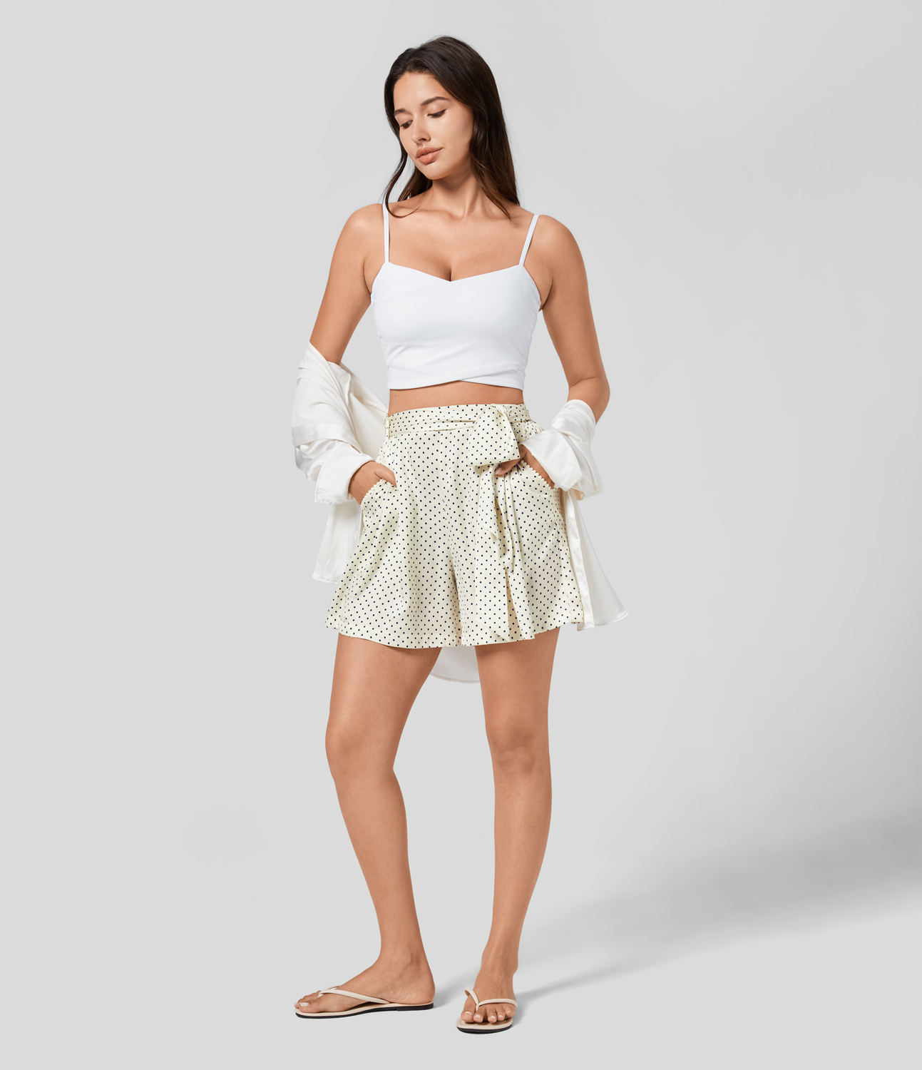 

Halara High Waisted Belted Side Pocket Polka Dot Resort Shorts - Light Beige Polka Dots