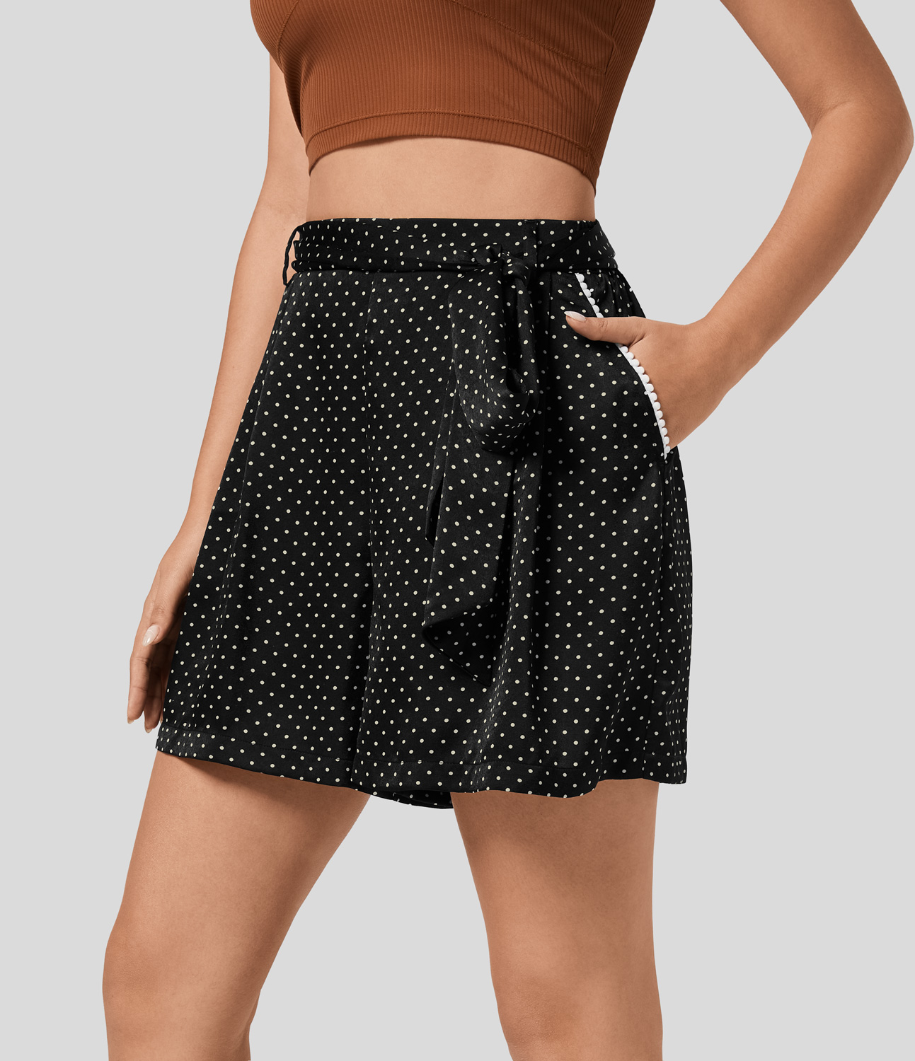 Halara High Waisted Belted Side Pocket Polka Dot Resort Shorts  - Black Polka Dots - XL 