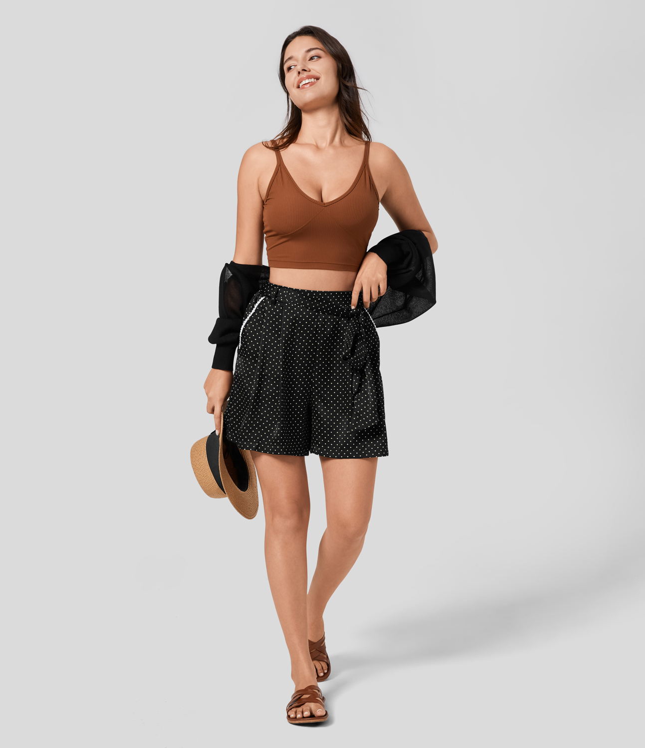 Halara High Waisted Belted Side Pocket Polka Dot Resort Shorts  - Black Polka Dots - XL 