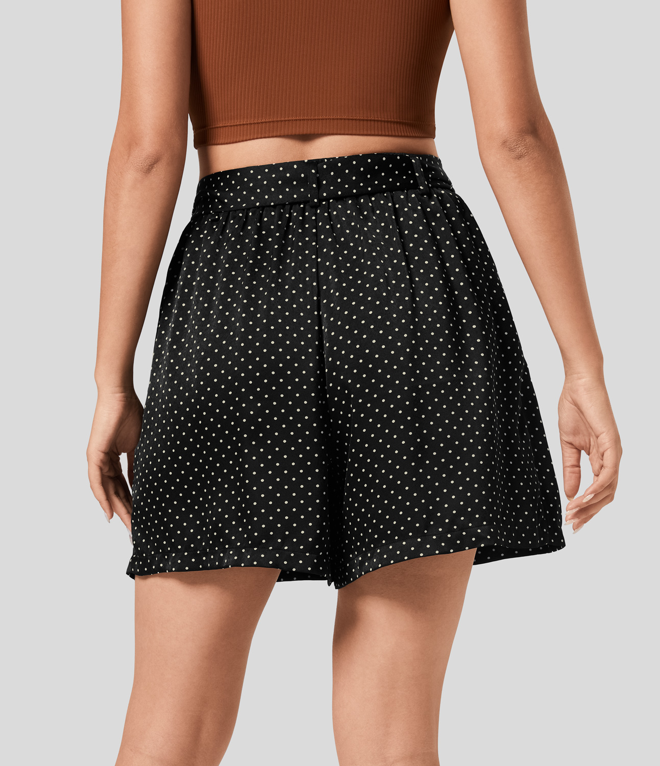 Halara High Waisted Belted Side Pocket Polka Dot Resort Shorts  - Black Polka Dots - XL 