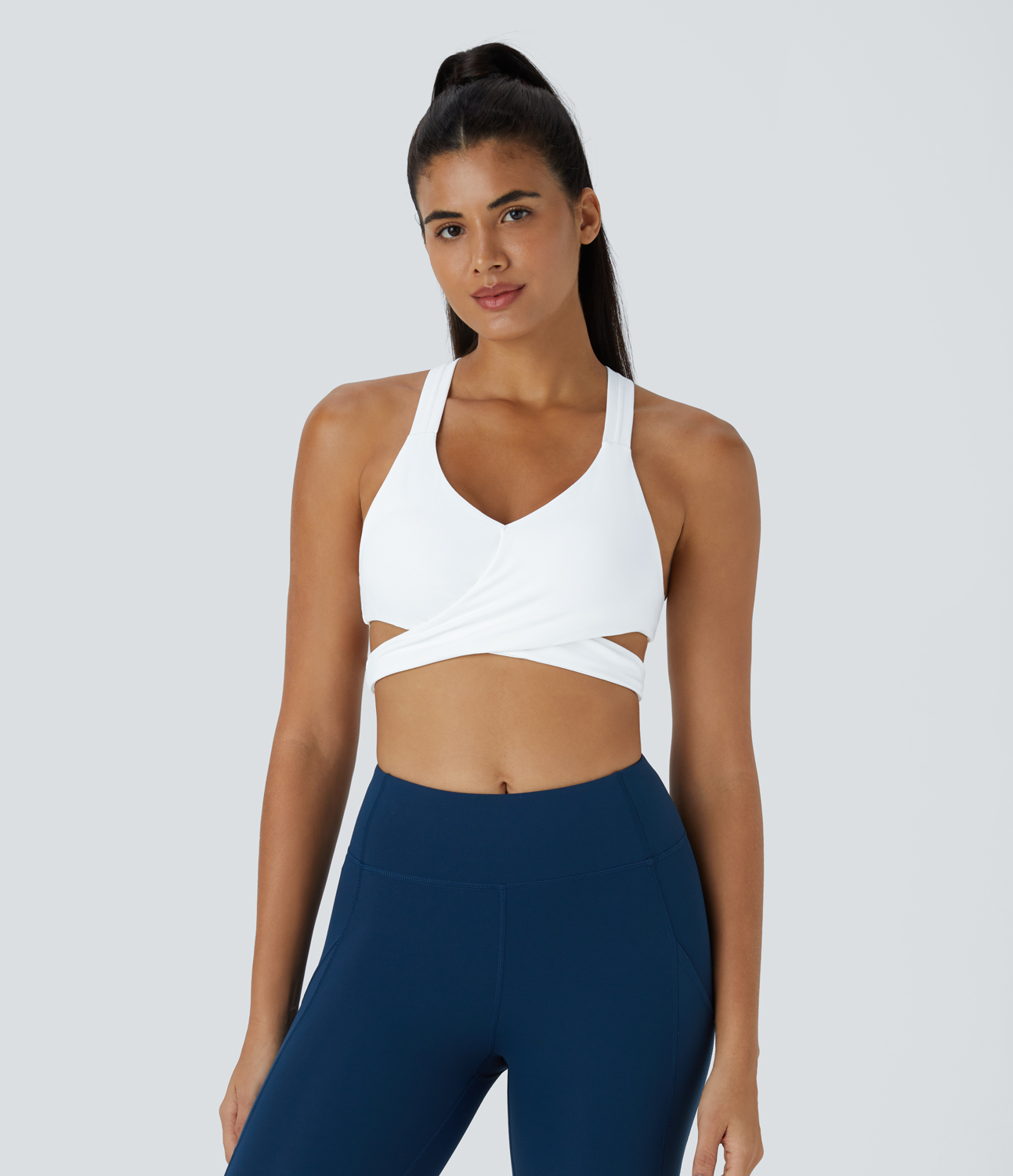 Halara Low Support Crossover Hem Cut Out Racerback Yoga Sports Bra  - White - XXS push up bra strapless bra backless bra sticky bra 