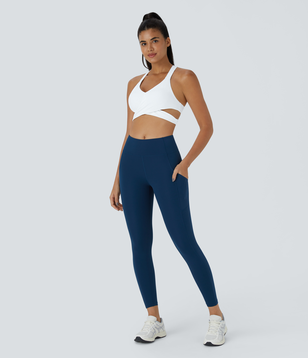 Halara Low Support Crossover Hem Cut Out Racerback Yoga Sports Bra  - White - XXS push up bra strapless bra backless bra sticky bra 