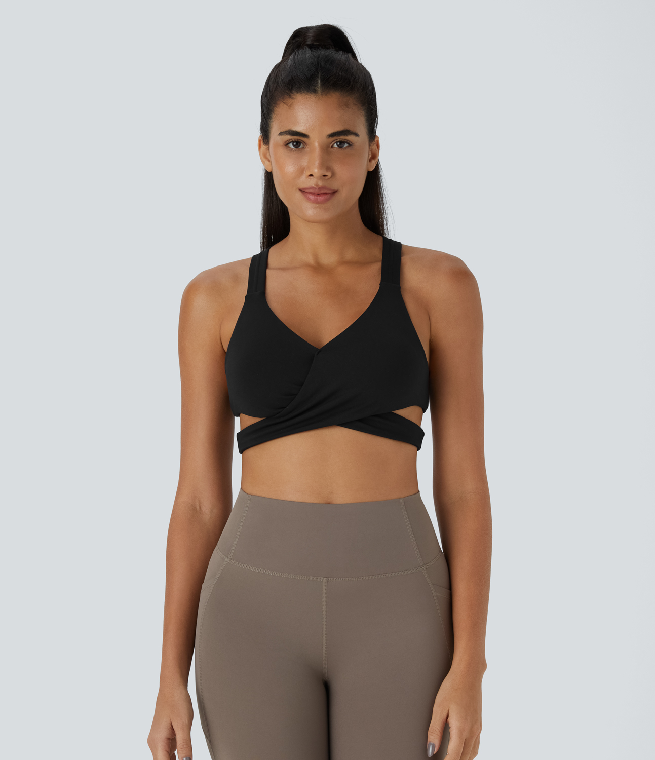 Halara Low Support Crossover Hem Cut Out Racerback Yoga Sports Bra  - Black - M push up bra strapless bra backless bra sticky bra 
