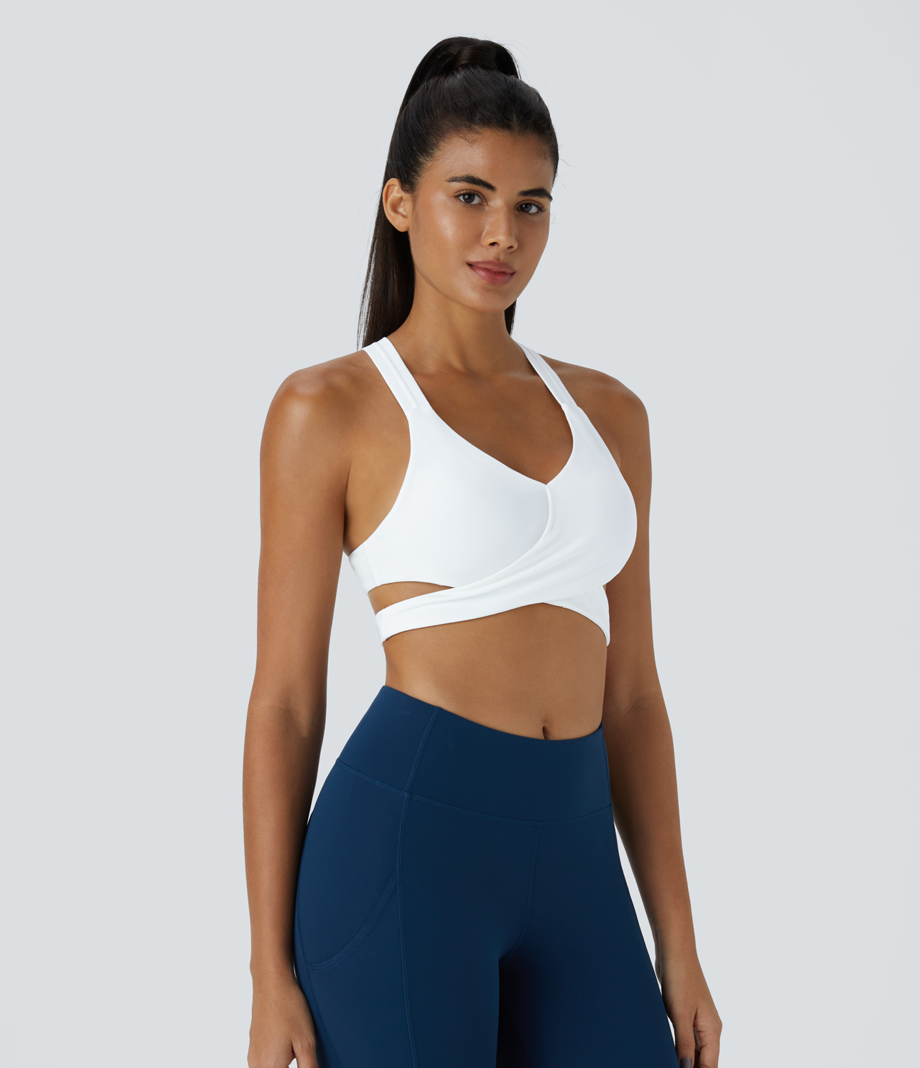 Halara Low Support Crossover Hem Cut Out Racerback Yoga Sports Bra  - White - XXS push up bra strapless bra backless bra sticky bra 