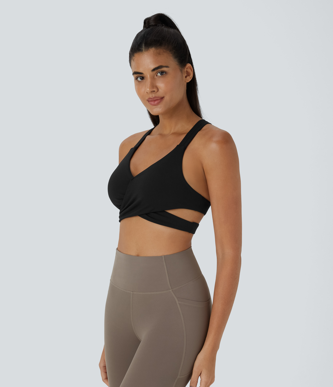 Halara Low Support Crossover Hem Cut Out Racerback Yoga Sports Bra  - Black - M push up bra strapless bra backless bra sticky bra 