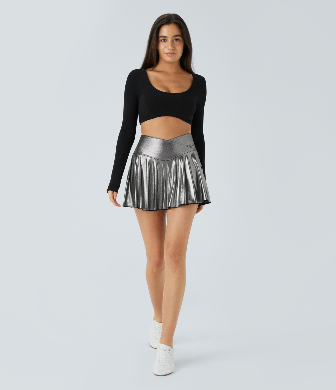 Halara Softlyzeroв„ў Faux Leather High Waisted Crossover 2-in-1 Side Pocket Foil Print Stretchy Flare Skirt  - Shiny Black Silver - S 