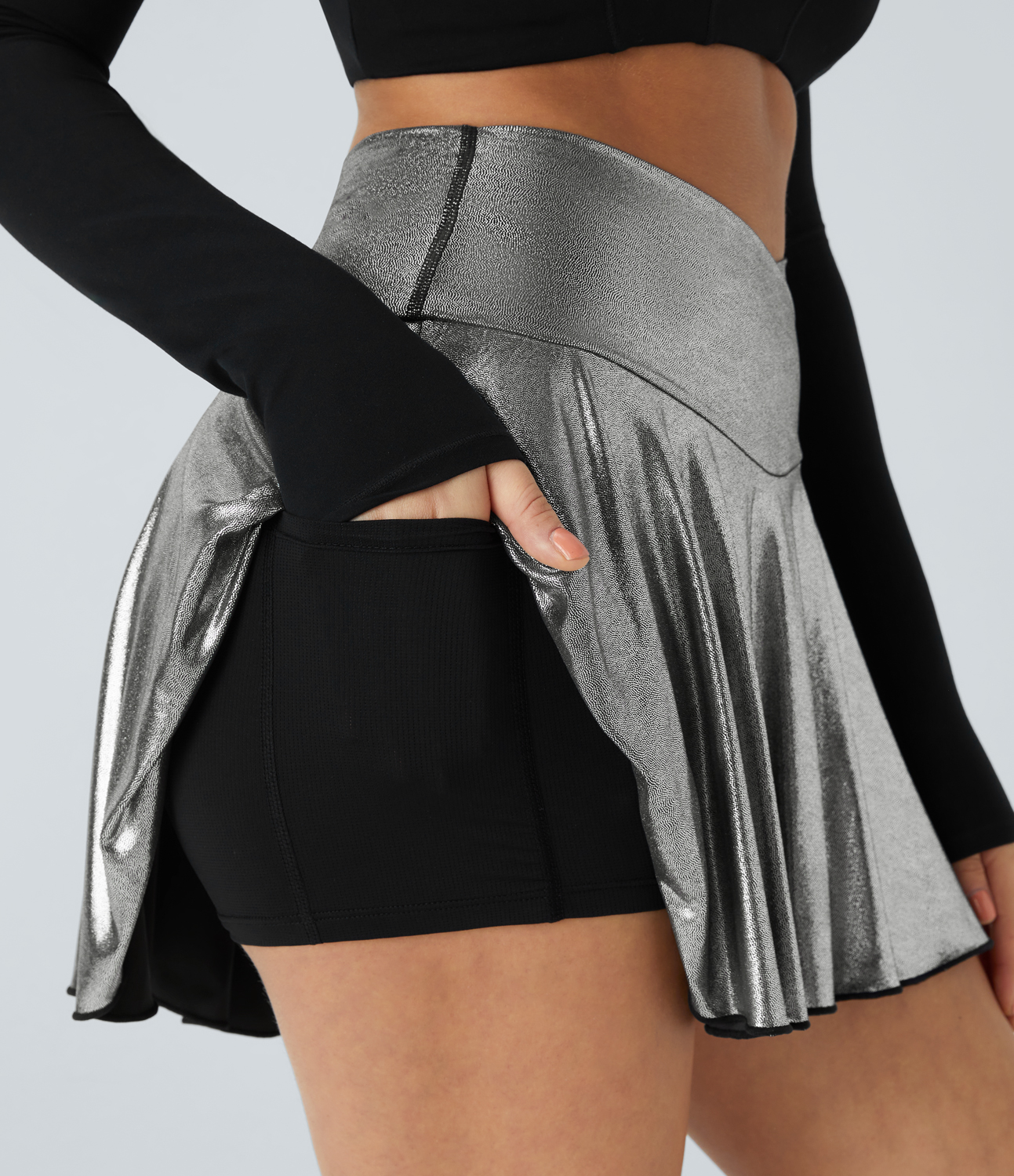 Halara Softlyzeroв„ў Faux Leather High Waisted Crossover 2-in-1 Side Pocket Foil Print Stretchy Flare Skirt  - Shiny Black Silver - S 