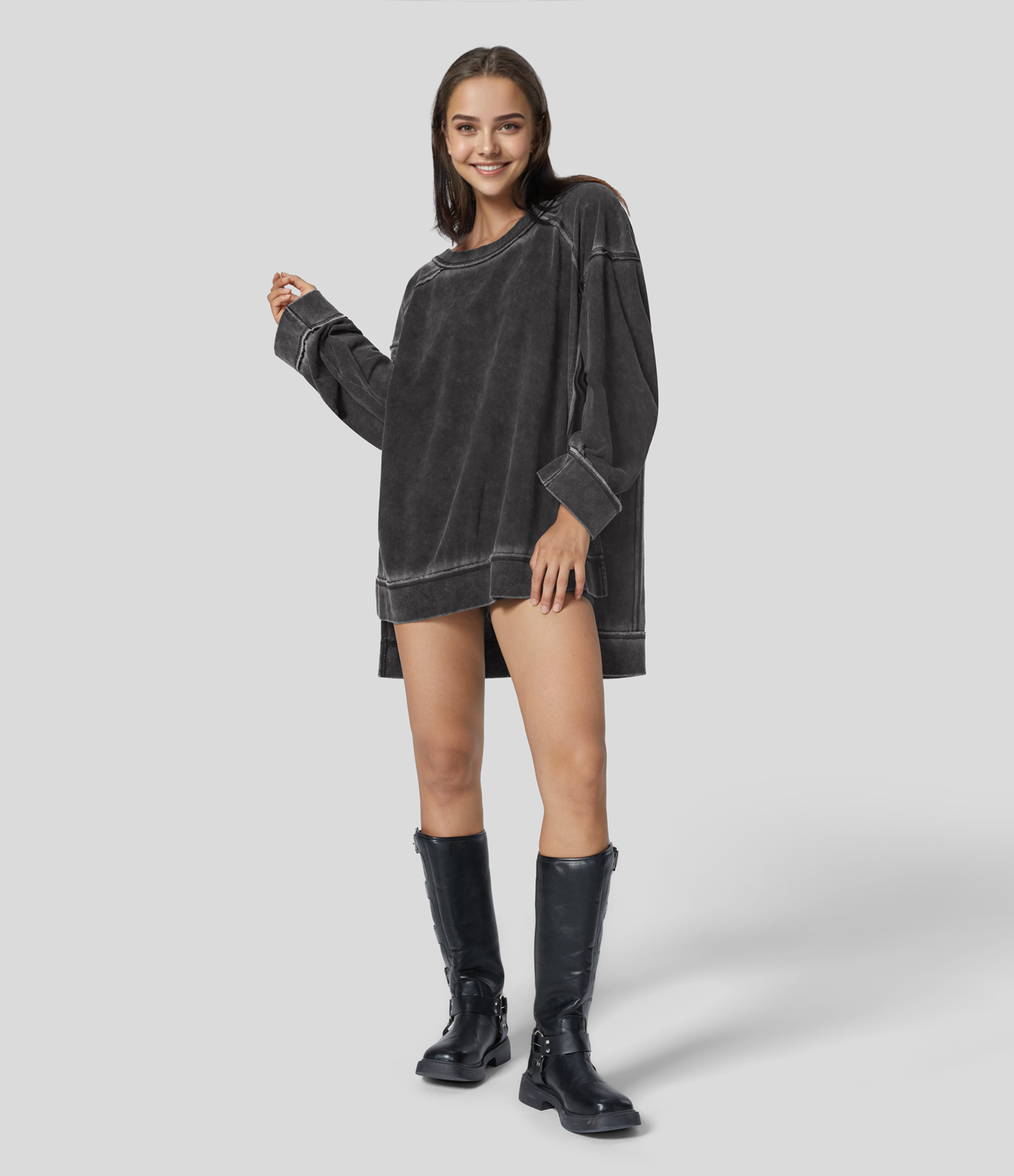 

Halara Oversize Split High Low Washed Casual Cotton Sweatshirt - Black