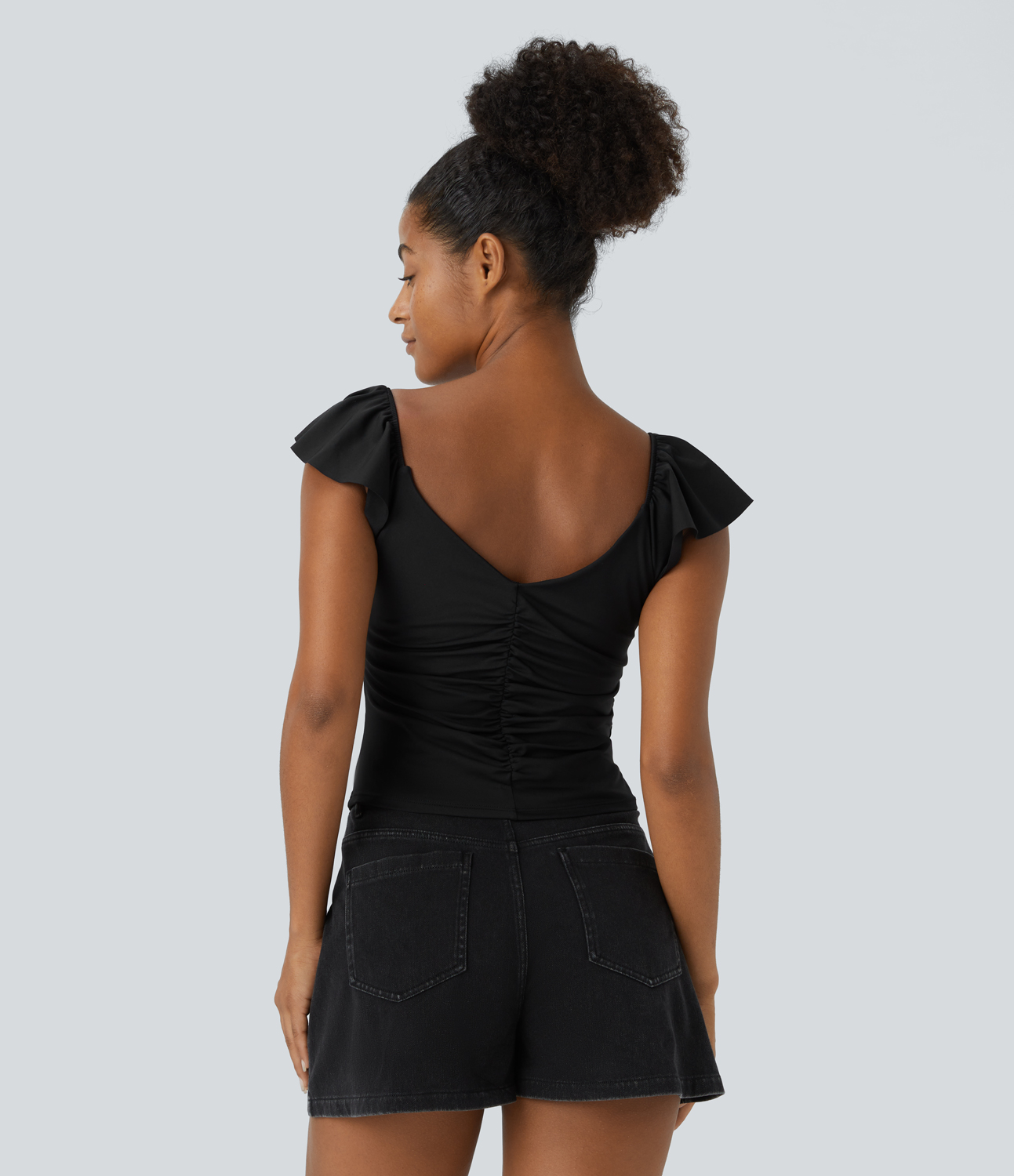 Halara V Neck Ruched Ruffle Short Sleeve Backless Cropped Casual Top Tank Top - Black - S golf tops halter top tunic tops sleeveless tops 