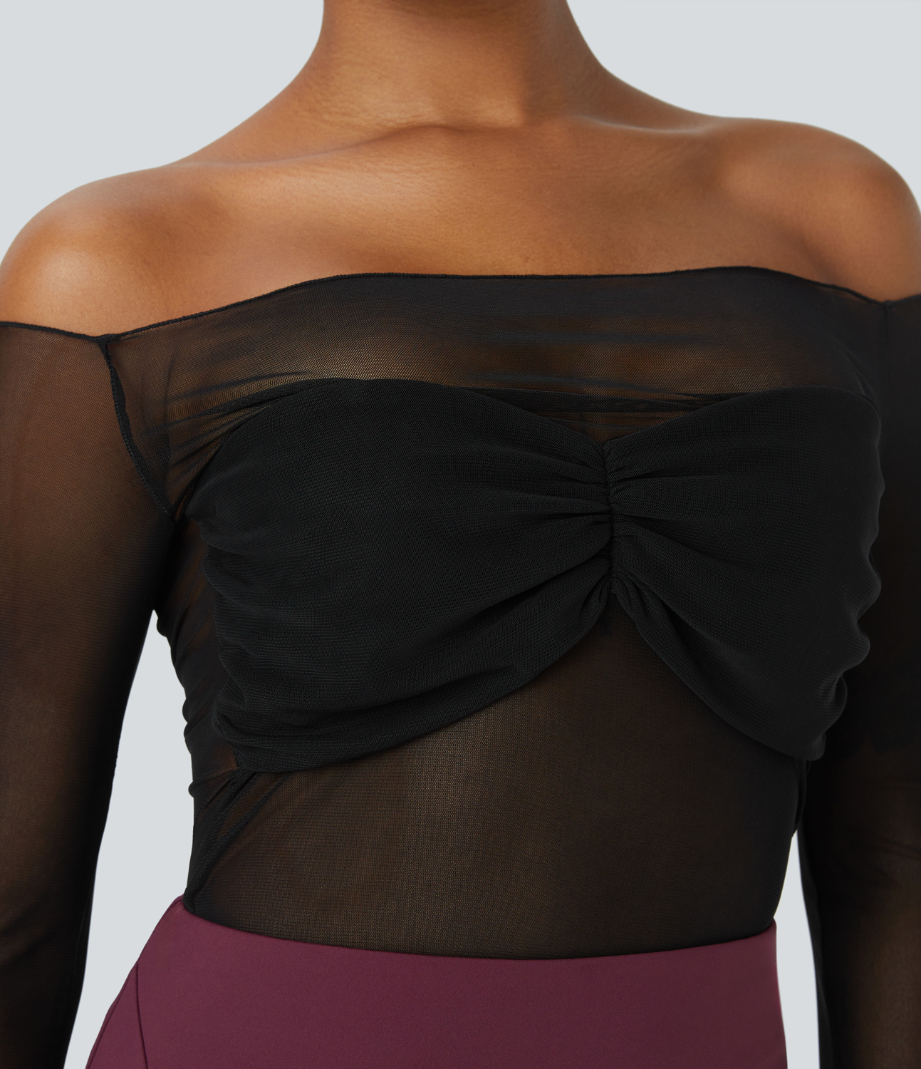 Halara Sheer Mesh Off Shoulder Chest Ruched Party Top Tank Top - Black - S golf tops halter top tunic tops sleeveless tops backless top 
