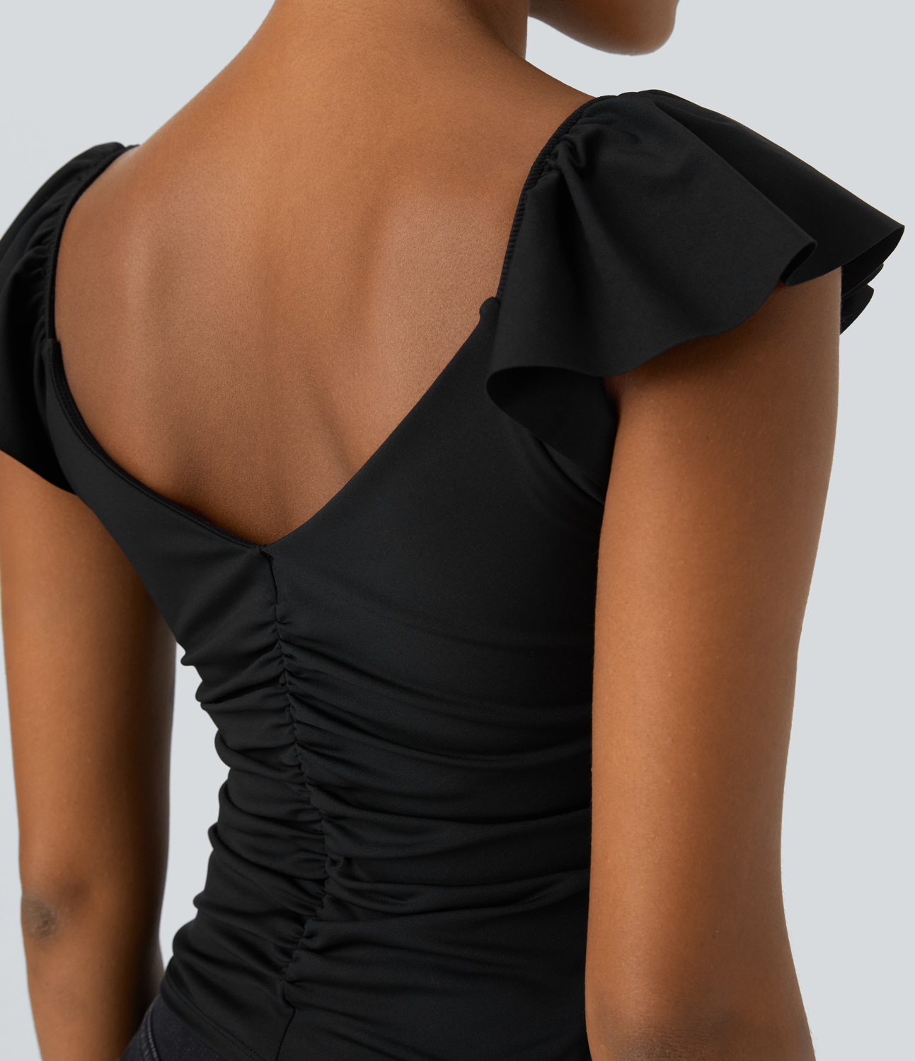 Halara V Neck Ruched Ruffle Short Sleeve Backless Cropped Casual Top Tank Top - Black - S golf tops halter top tunic tops sleeveless tops 