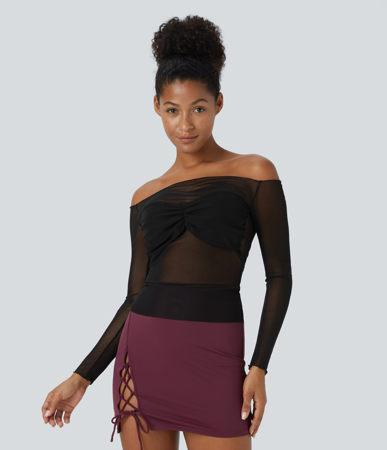 Halara Sheer Mesh Off Shoulder Chest Ruched Party Top Tank Top - Black - S golf tops halter top tunic tops sleeveless tops backless top 