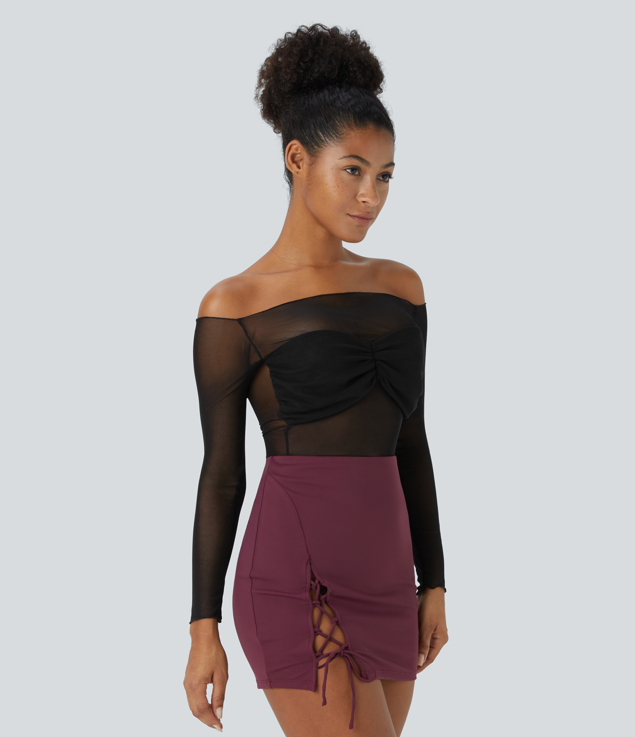 Halara Sheer Mesh Off Shoulder Chest Ruched Party Top Tank Top - Black - S golf tops halter top tunic tops sleeveless tops backless top 