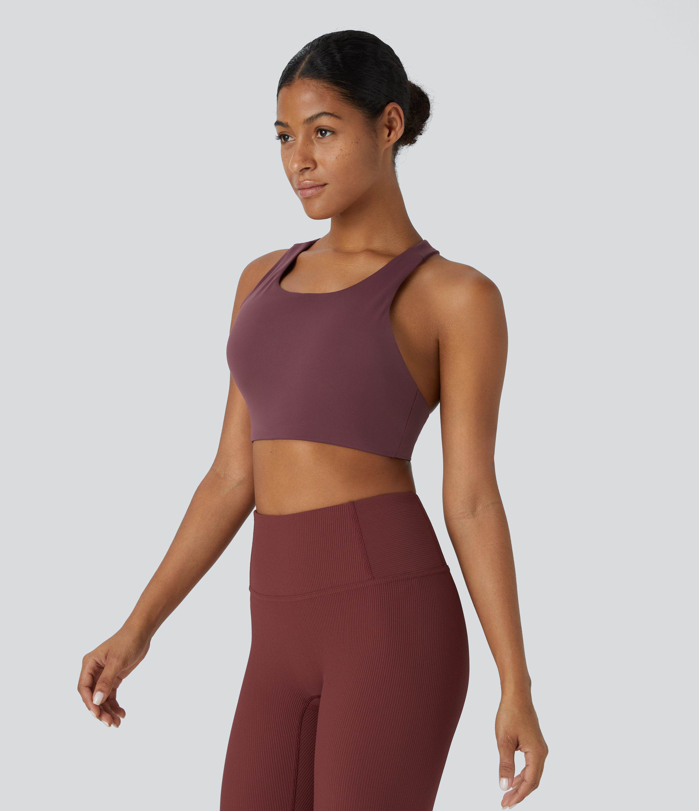 Halara Softlyzeroв„ў Plush Low Support  Asymmetric Backless Yoga Sports Bra  - Red Mahogany - L push up bra strapless bra backless bra 